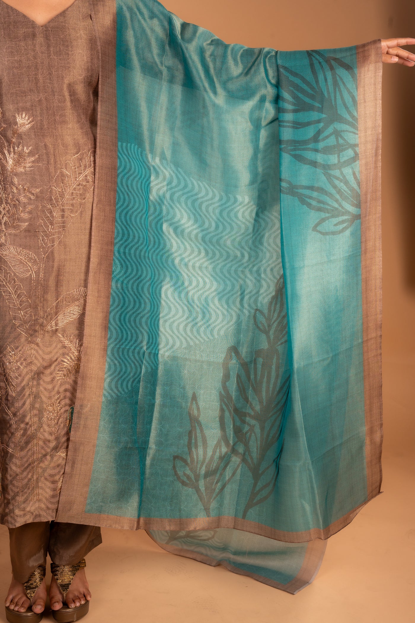 Bronze Embroidery Kurta set with Peacock & cow Motif