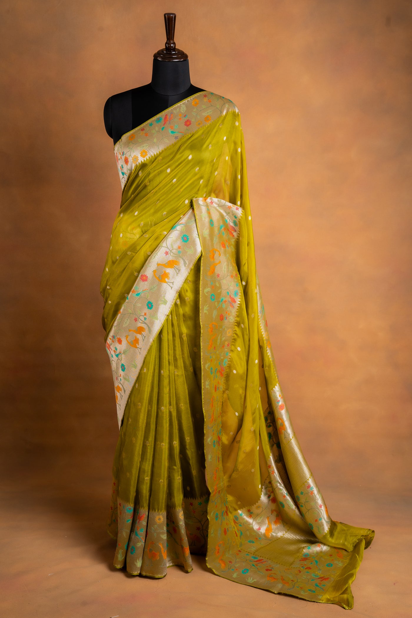 Mehendi Green Banarasi Kora Silk Saree with Paithani Border (RTS)
