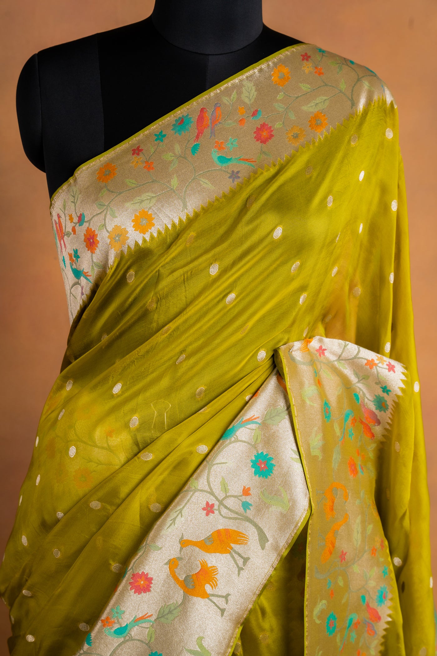 Mehendi Green Banarasi Kora Silk Saree with Paithani Border (RTS)
