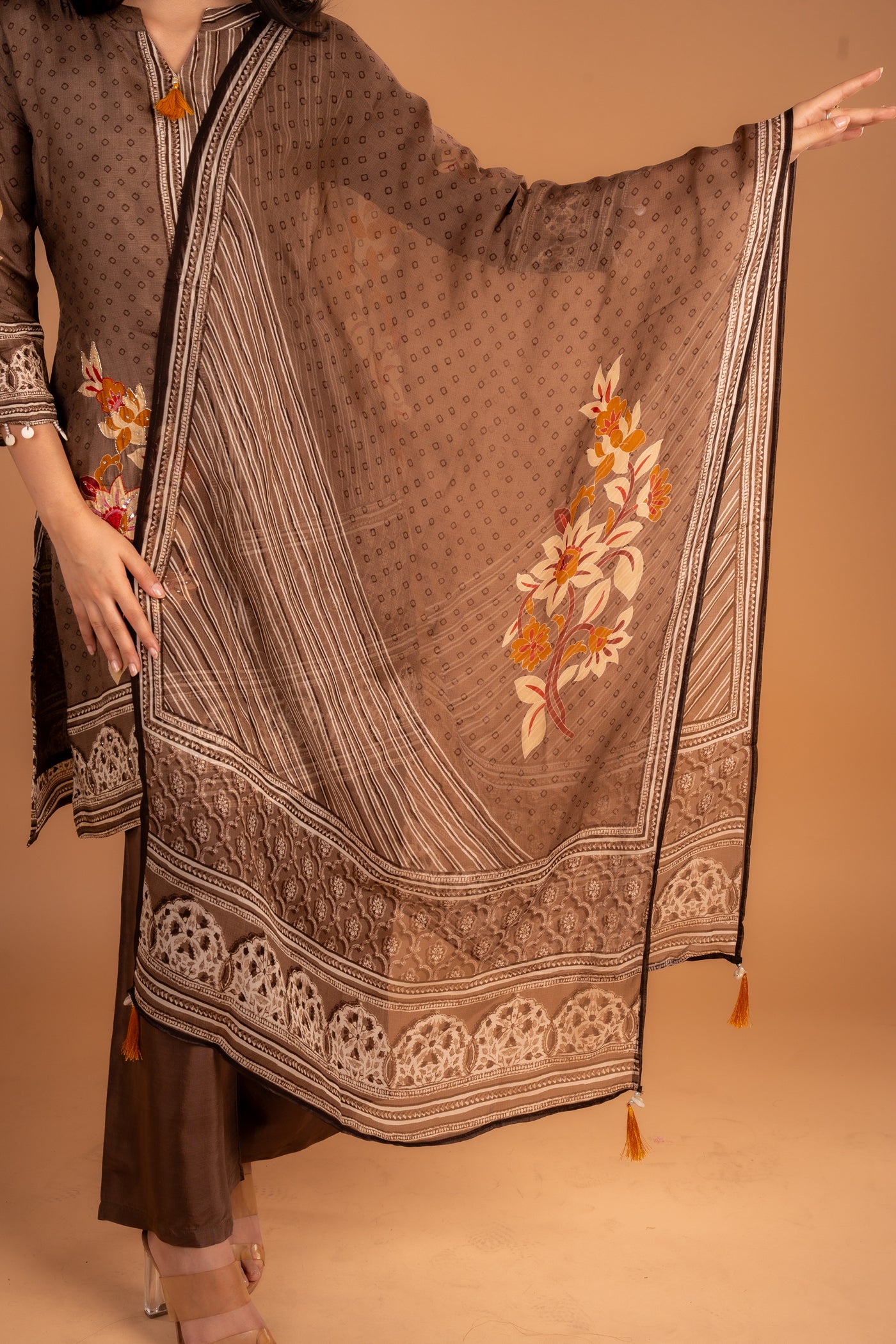 Brown Printed Muslin Kurta set with Floral Embellishment