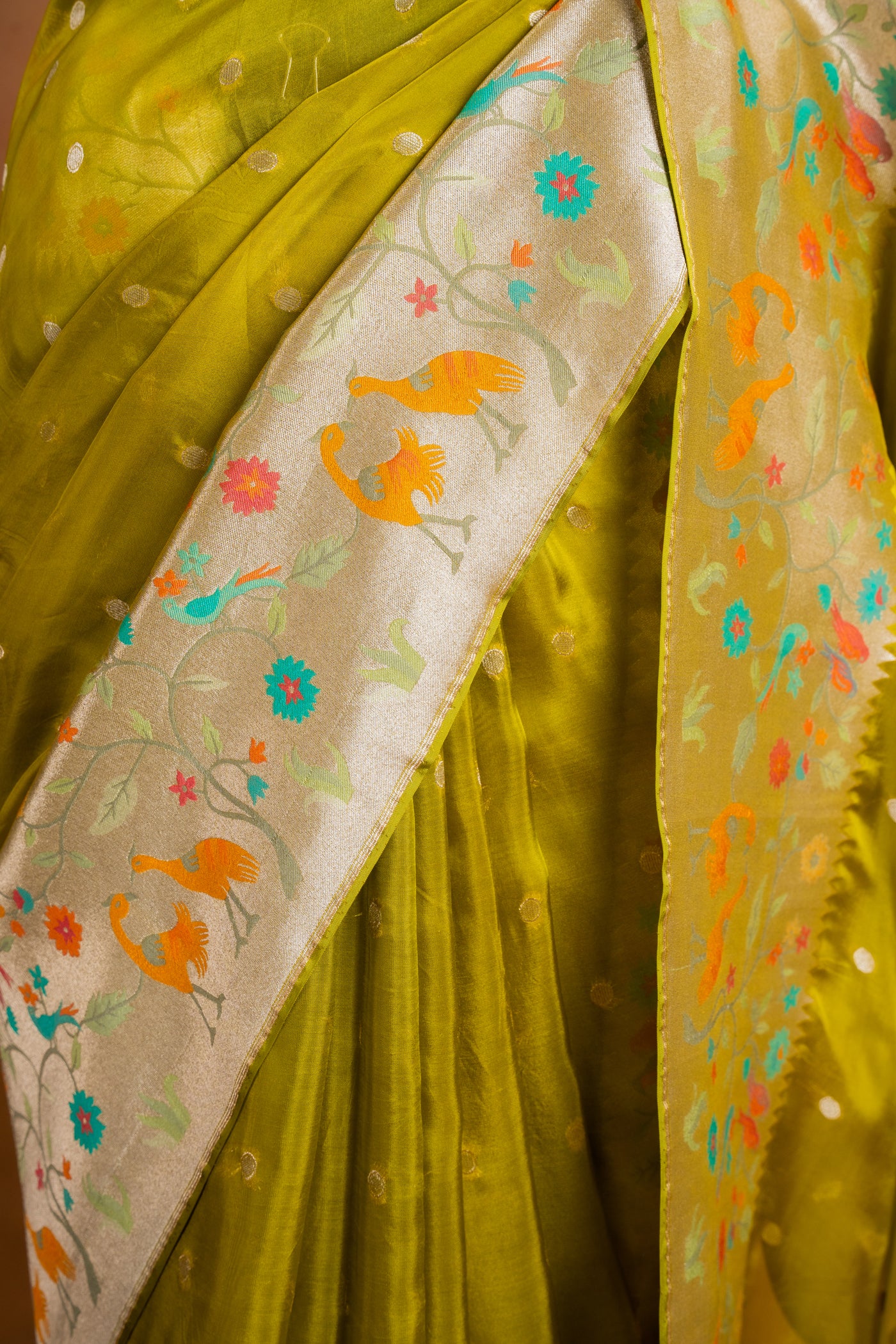 Mehendi Green Banarasi Kora Silk Saree with Paithani Border (RTS)