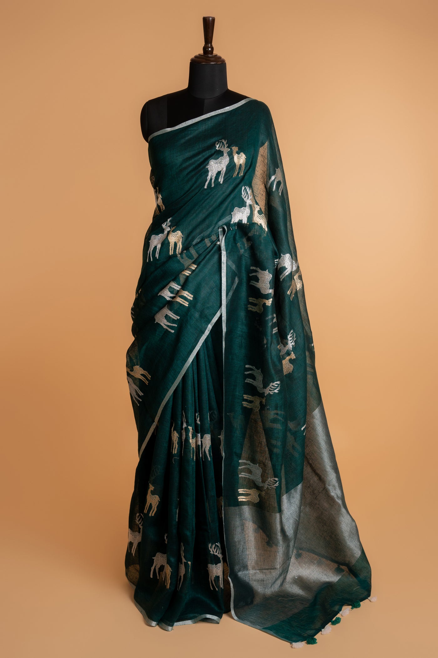 Teal Blue Handwoven Linen Saree with Tissue Pallu

 (RTS)
