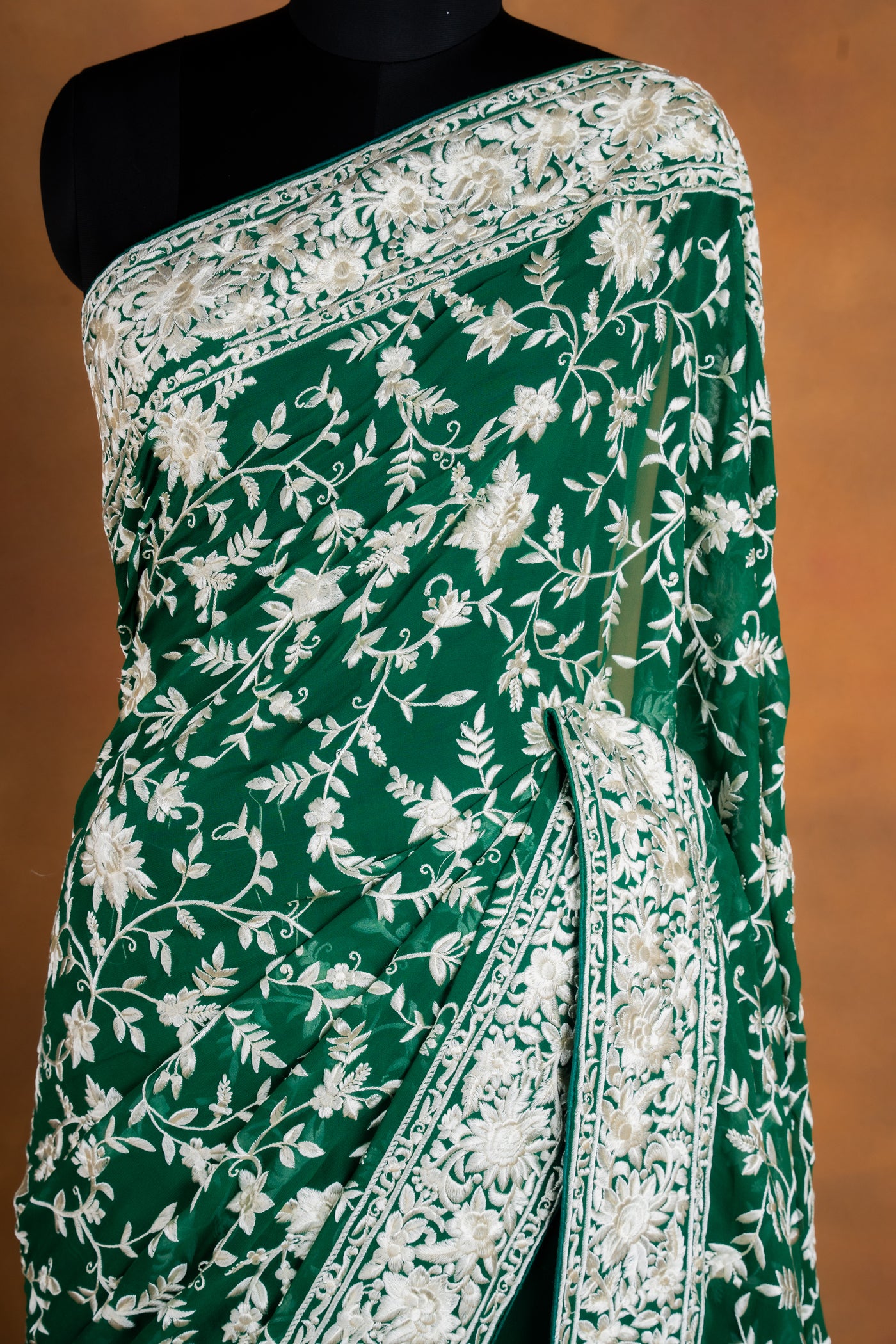 Emerald Green Georgette Saree with Ivory Parsi Gara Embroidery (RTS)