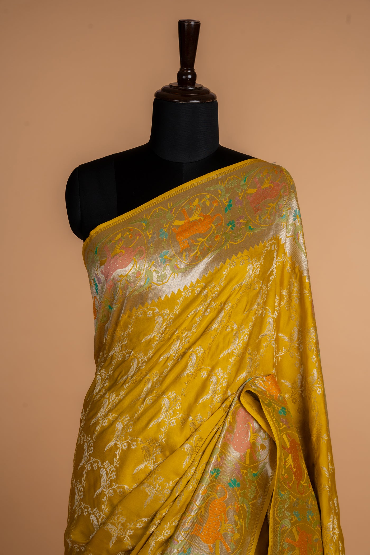 Yellow Banarasi Mashru silk Saree with Silver Zari Jaal & Meenakari Shikargah Border (RTS)