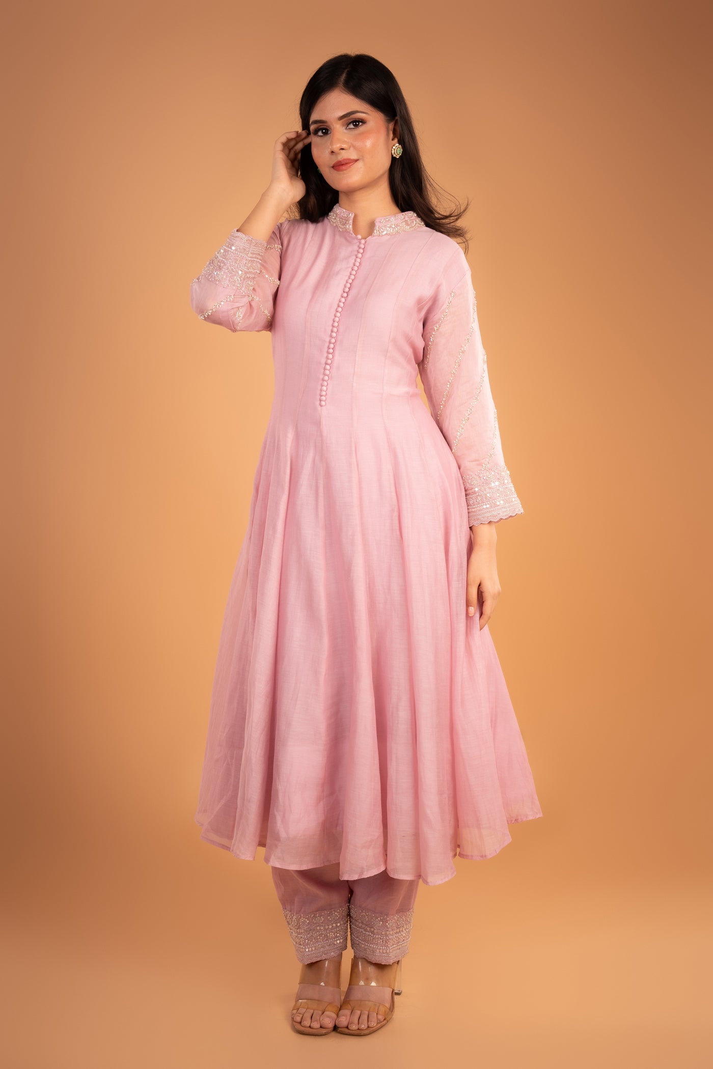 Pink Mul Chanderi Anarkali with a Heavy all over Dupatta