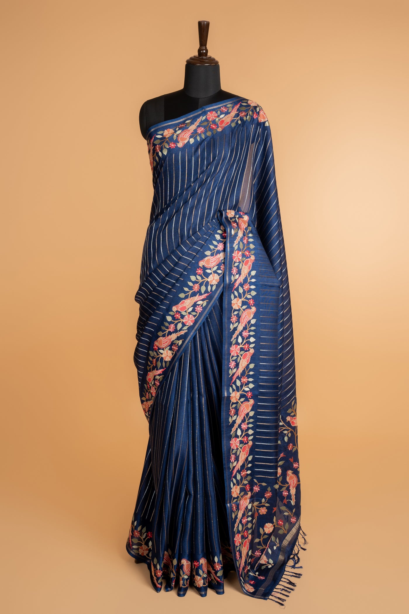 Midnight Blue Tussar Silk Saree with Multicolor Parsi Gara Border (RTS)