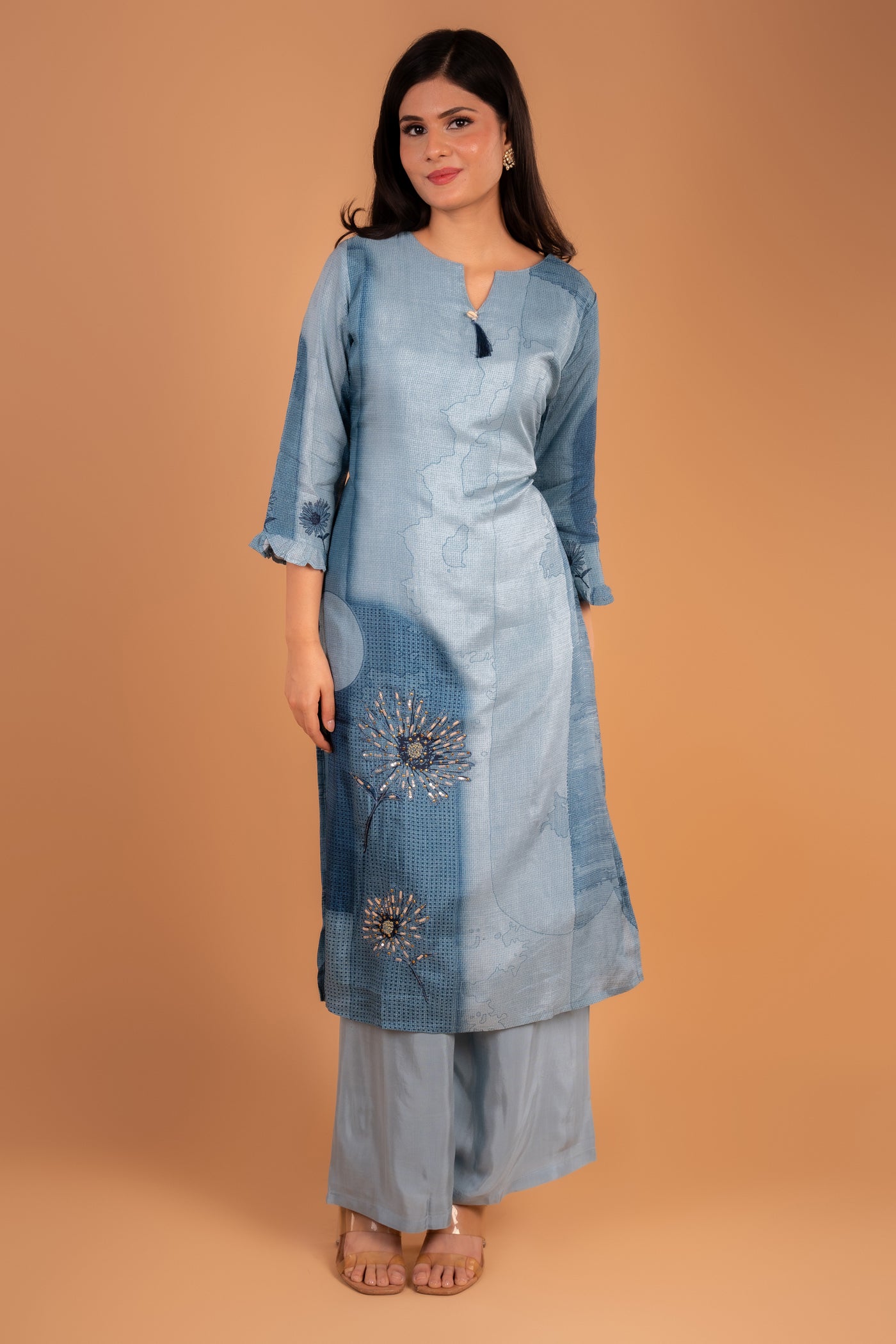 Blue Floral Lin Kota Doria Kurta set with Beaded Embellishment