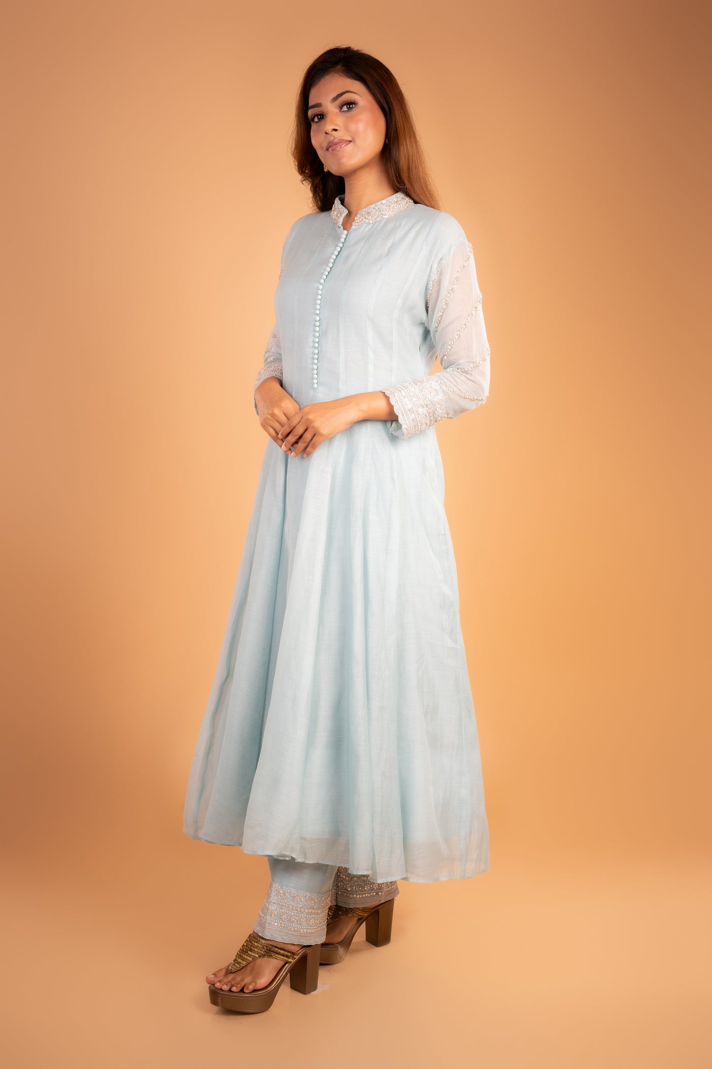Sky‑Blue Pearl‑Embellished Mul Chanderi Anarkali with Heavy all over Dupatta