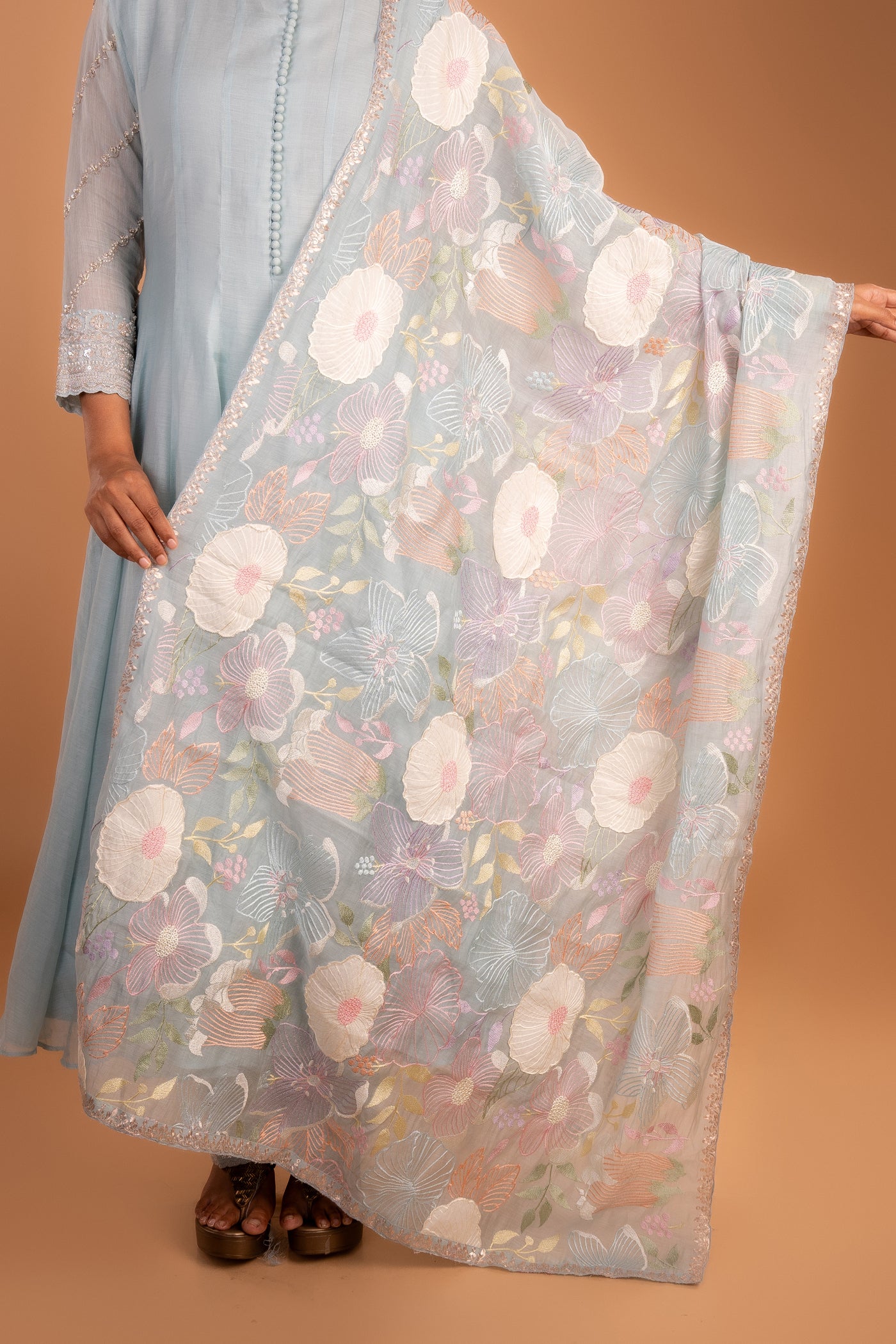 Sky‑Blue Pearl‑Embellished Mul Chanderi Anarkali with Heavy all over Dupatta
