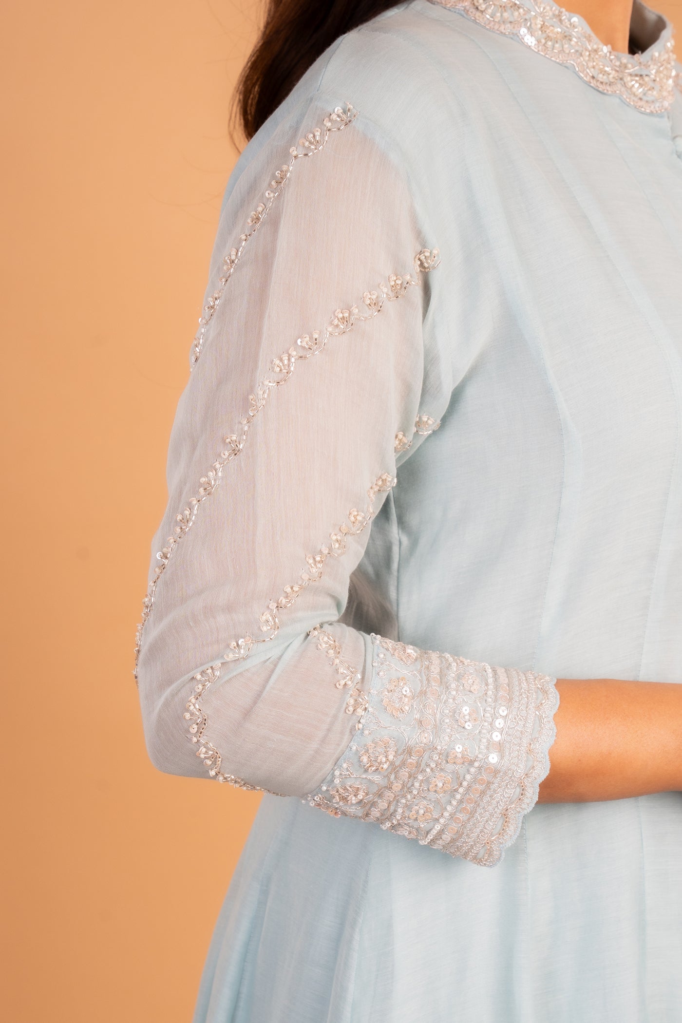 Sky‑Blue Pearl‑Embellished Mul Chanderi Anarkali with Heavy all over Dupatta