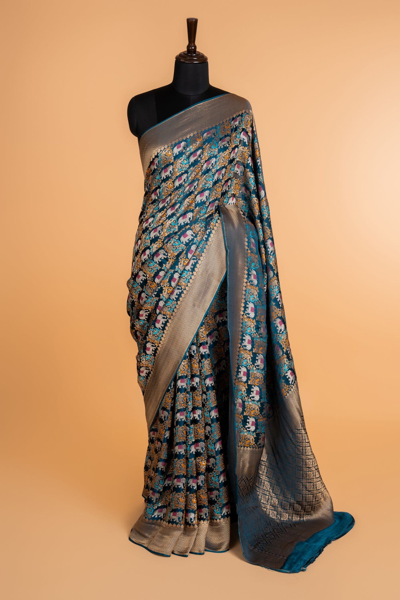 Peacock Blue Banarasi Georgette Silk Saree with Meenakari Shikargah Elephant Motifs & Antique Gold Zari Border (RTS)
