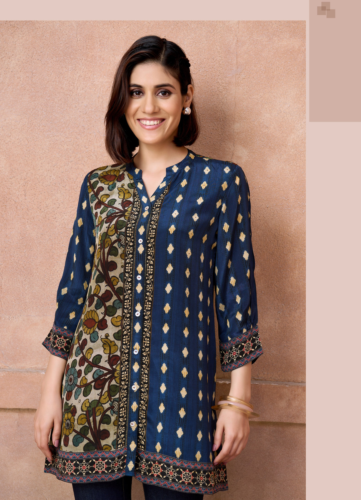 Navy Blue Kalamkari Printed Straight Kurta