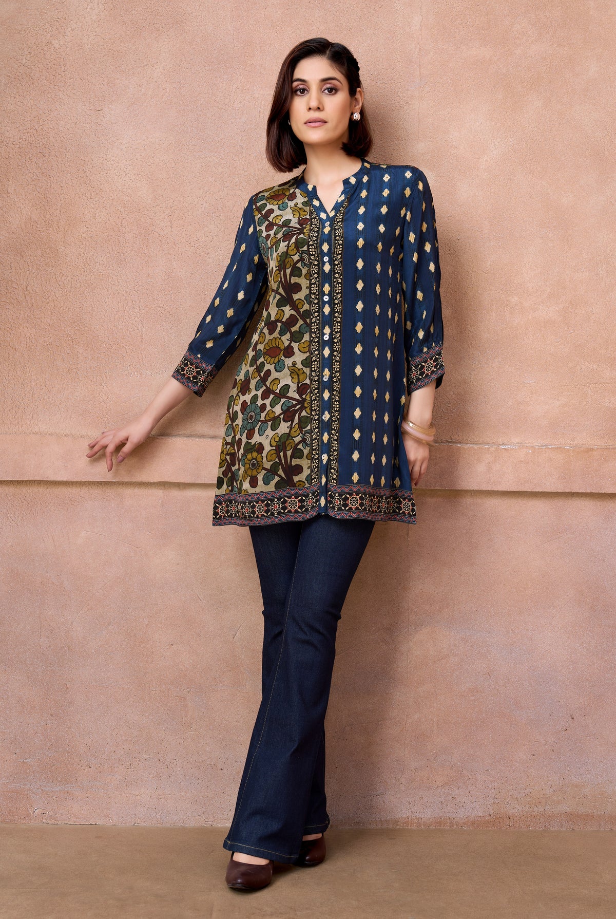 Navy Blue Kalamkari Printed Straight Kurta