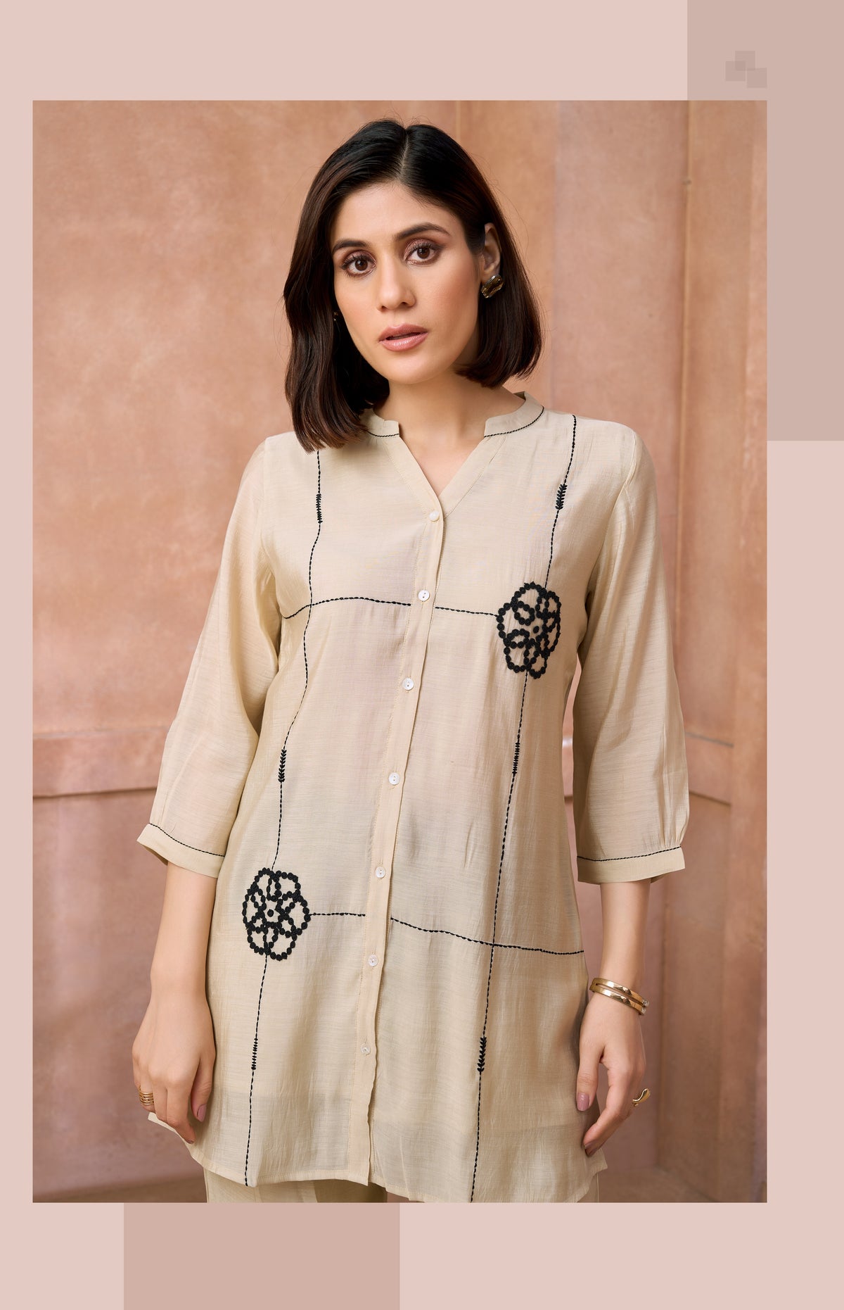 Beige Embroidered Co-ord Set with Black Floral Kantha Detail