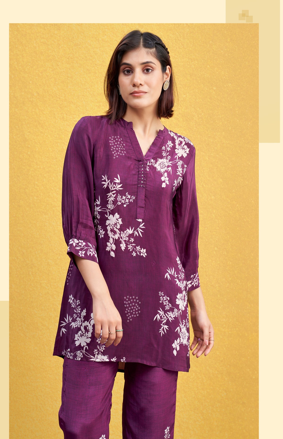 Plum Purple Floral Printed Co-ord Set with White Blossom Motifs