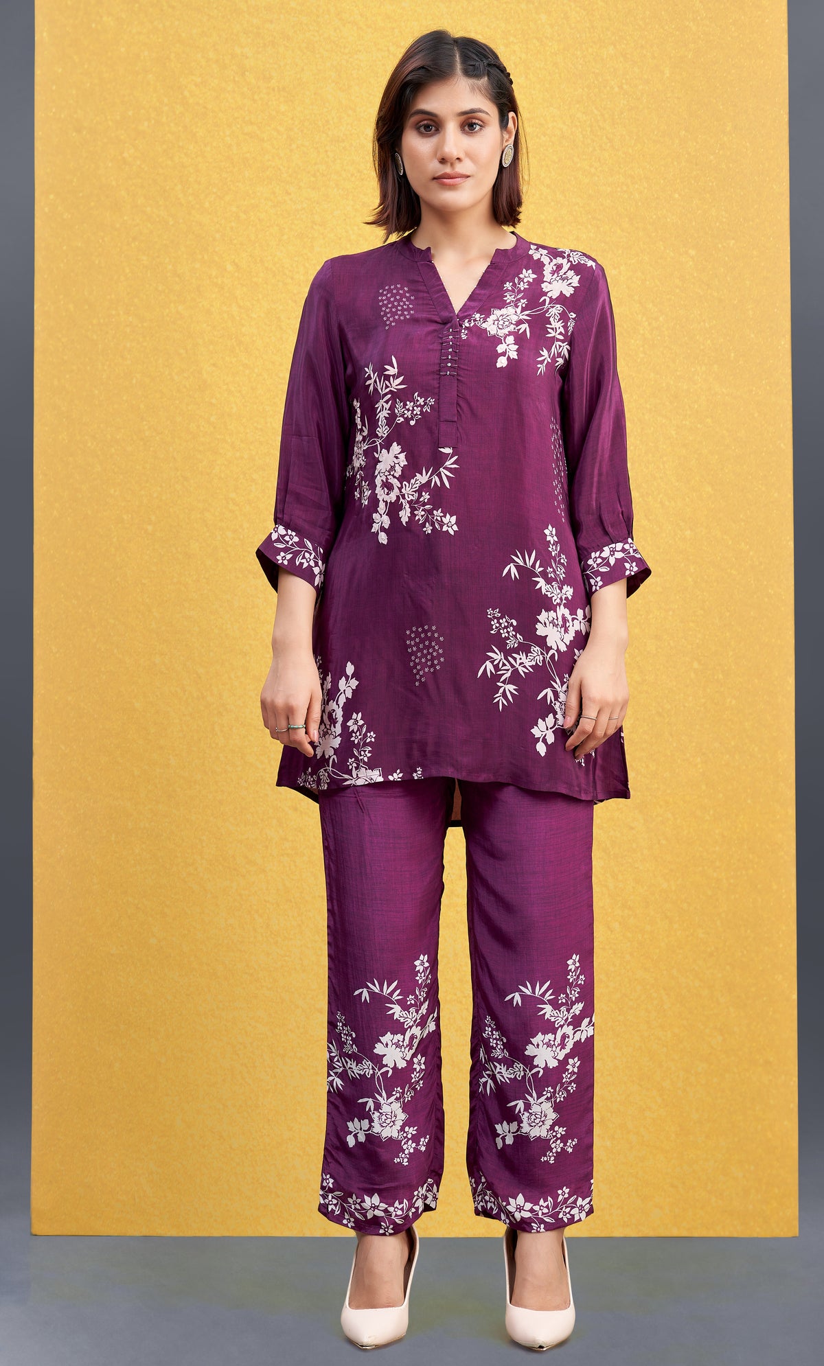 Plum Purple Floral Printed Co-ord Set with White Blossom Motifs