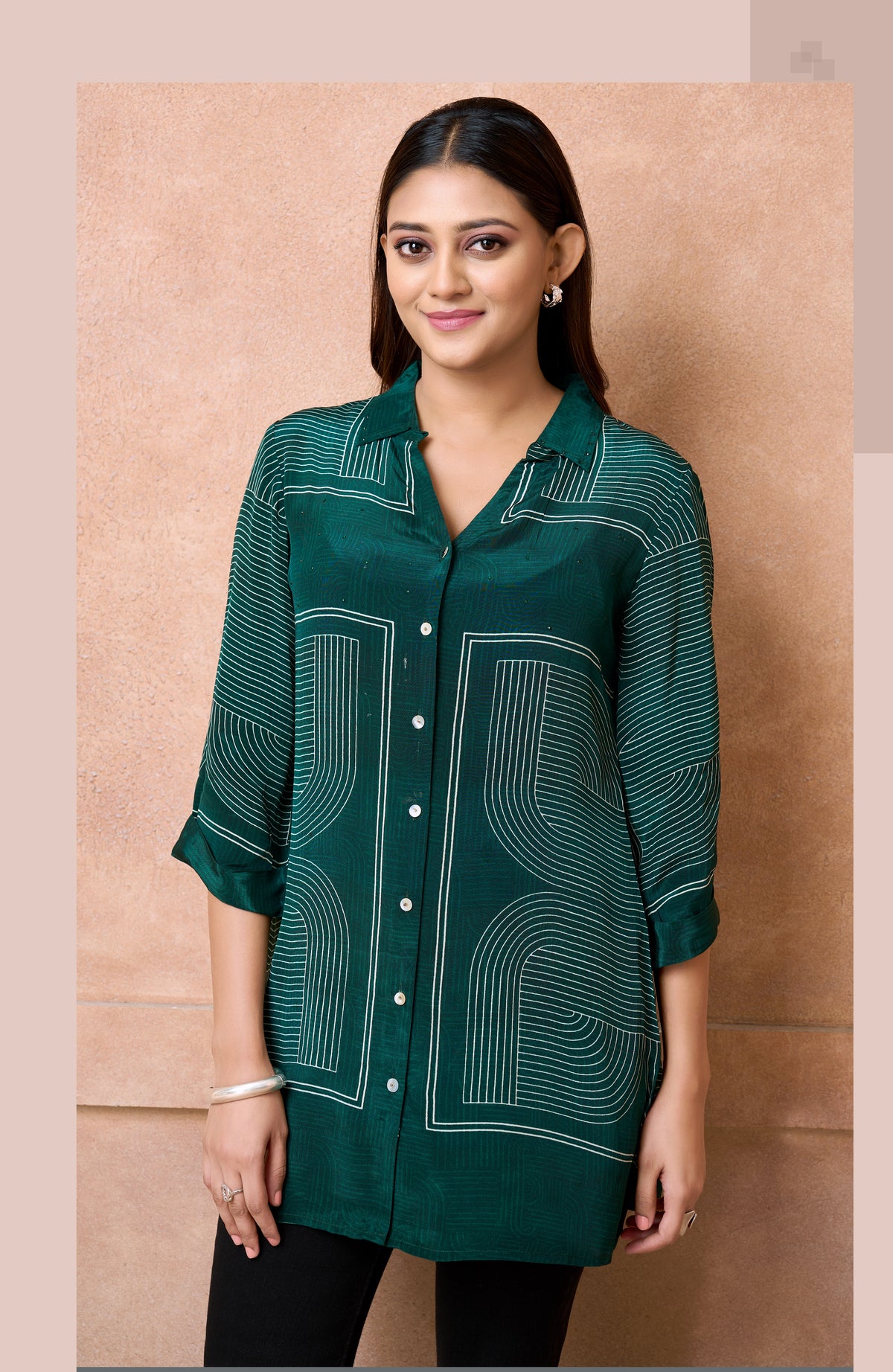 Emerald Green Geometric Line Art Top with Lapel Collar