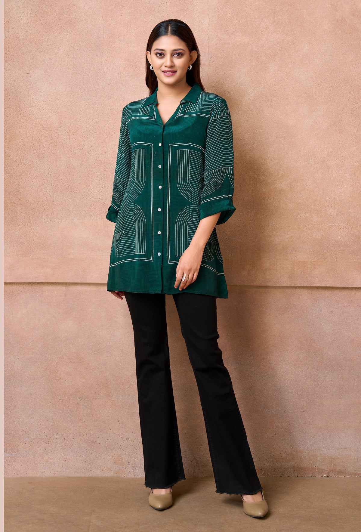 Emerald Green Geometric Line Art Top with Lapel Collar