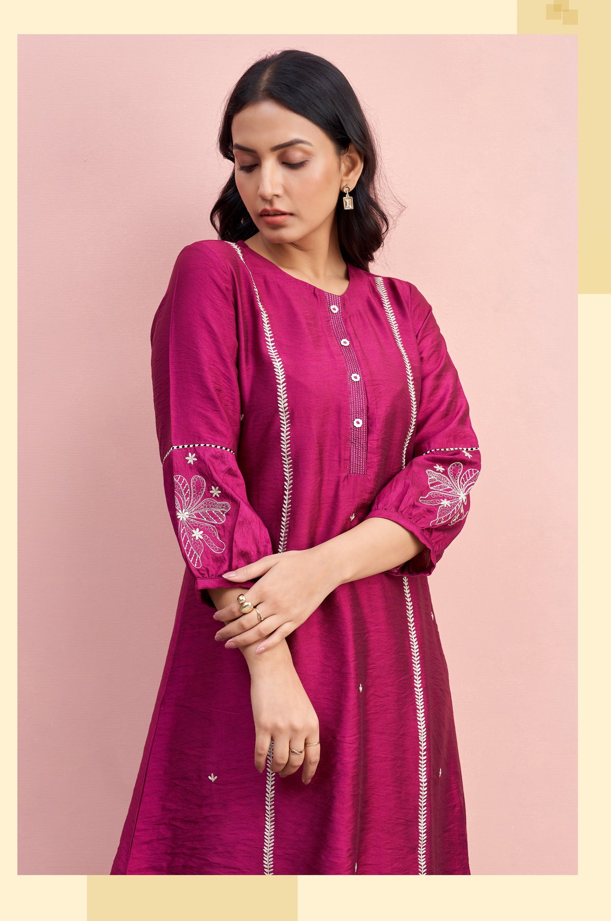 Magenta Pink Embroidered Co-ord Set with White Lace Detailing & Sleeve Work