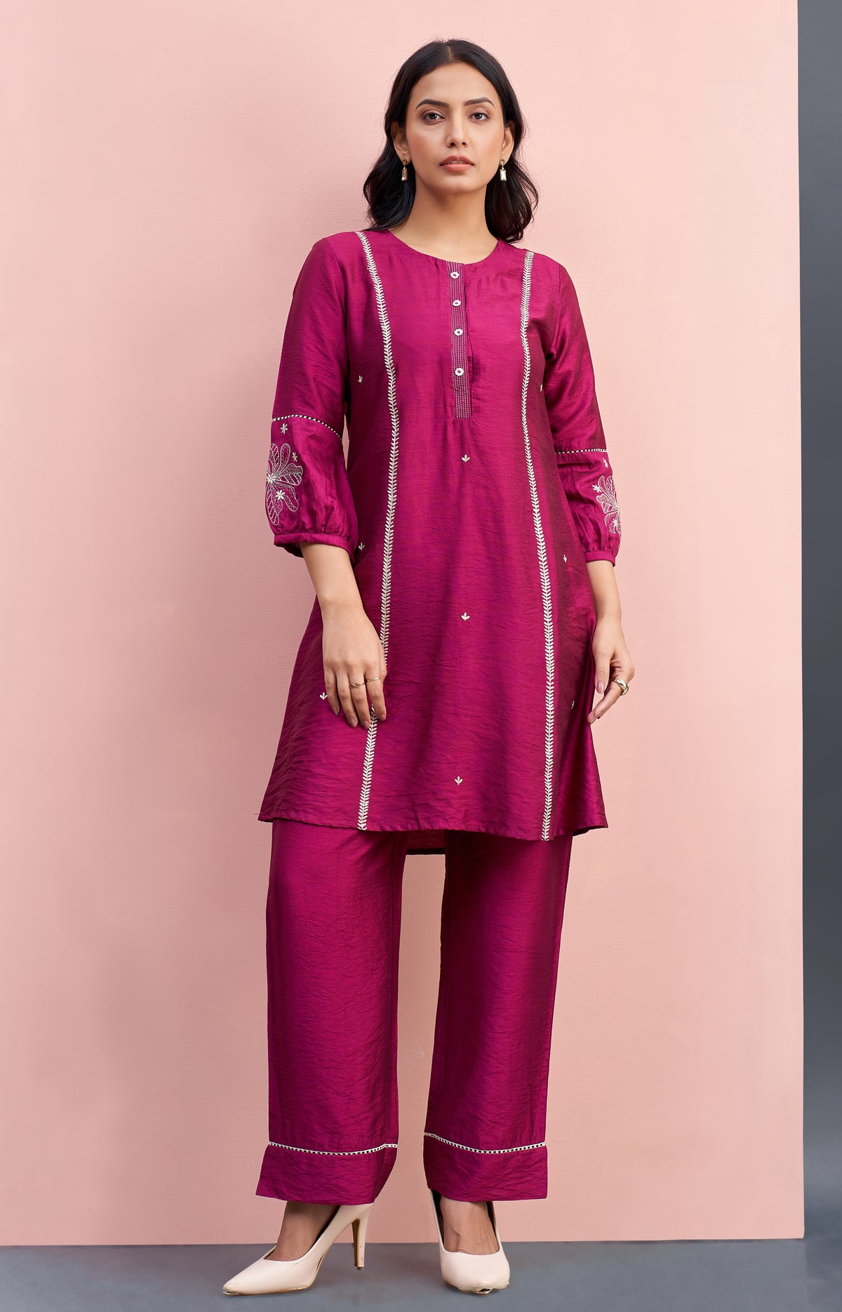 Magenta Pink Embroidered Co-ord Set with White Lace Detailing & Sleeve Work