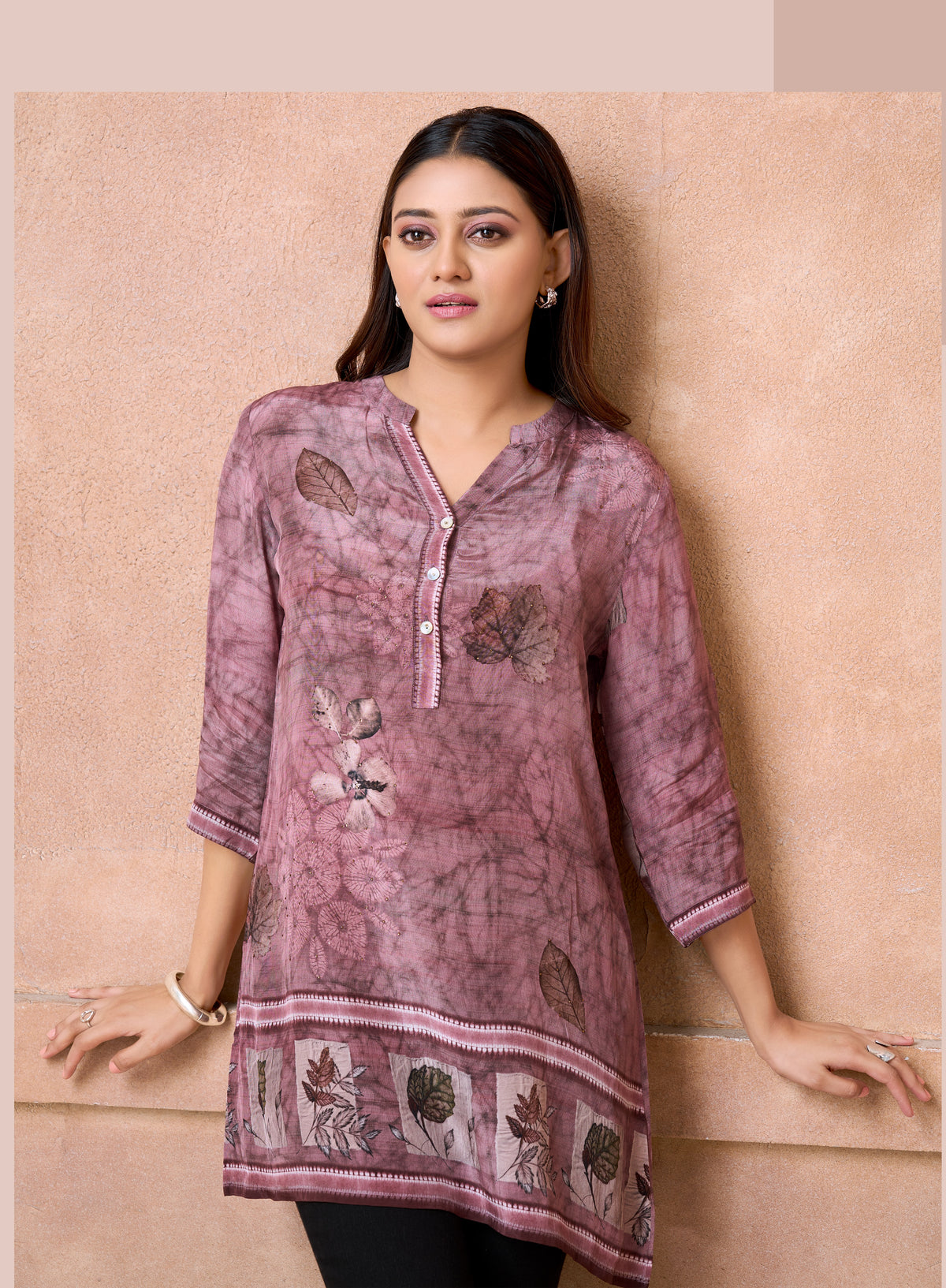 Dusty Mauve Floral Batik Print Short Kurta with Border Hem