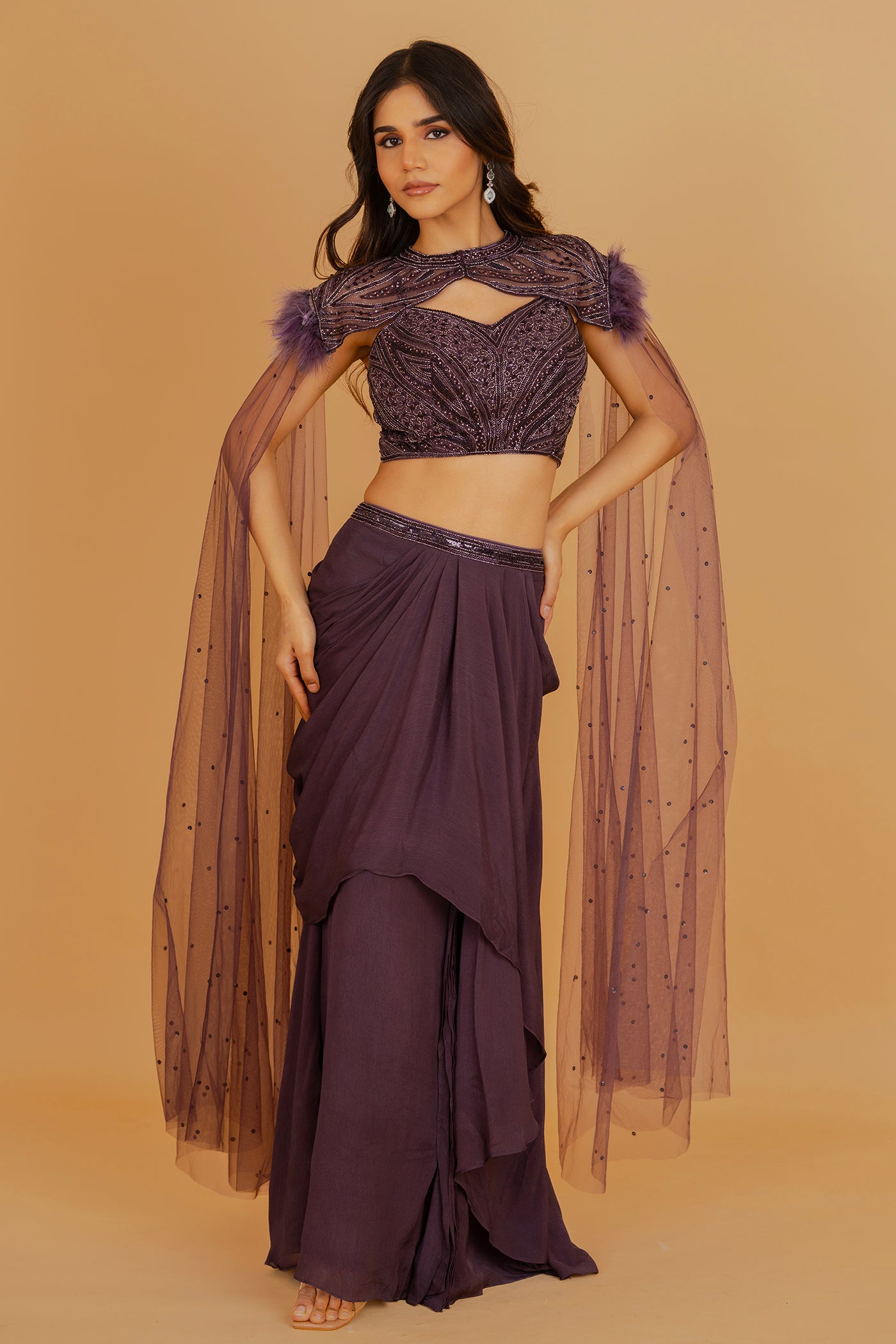 Plum purple draped skirt set with fur