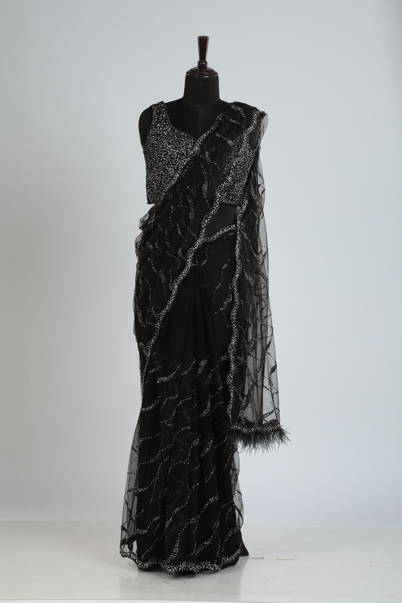 Embroidered net saree with readymade blouse. (RTS)
