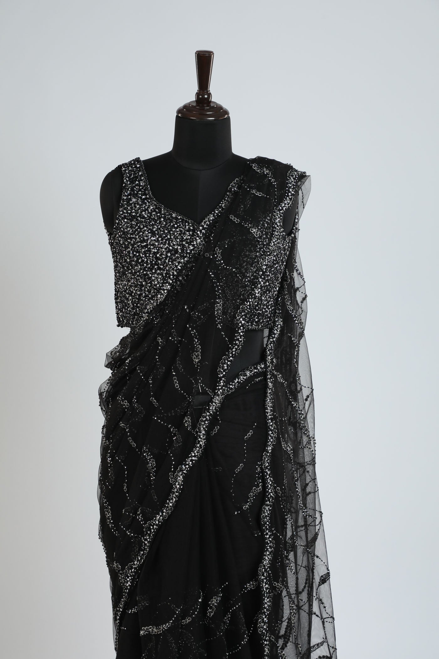 Embroidered net saree with readymade blouse. (RTS)