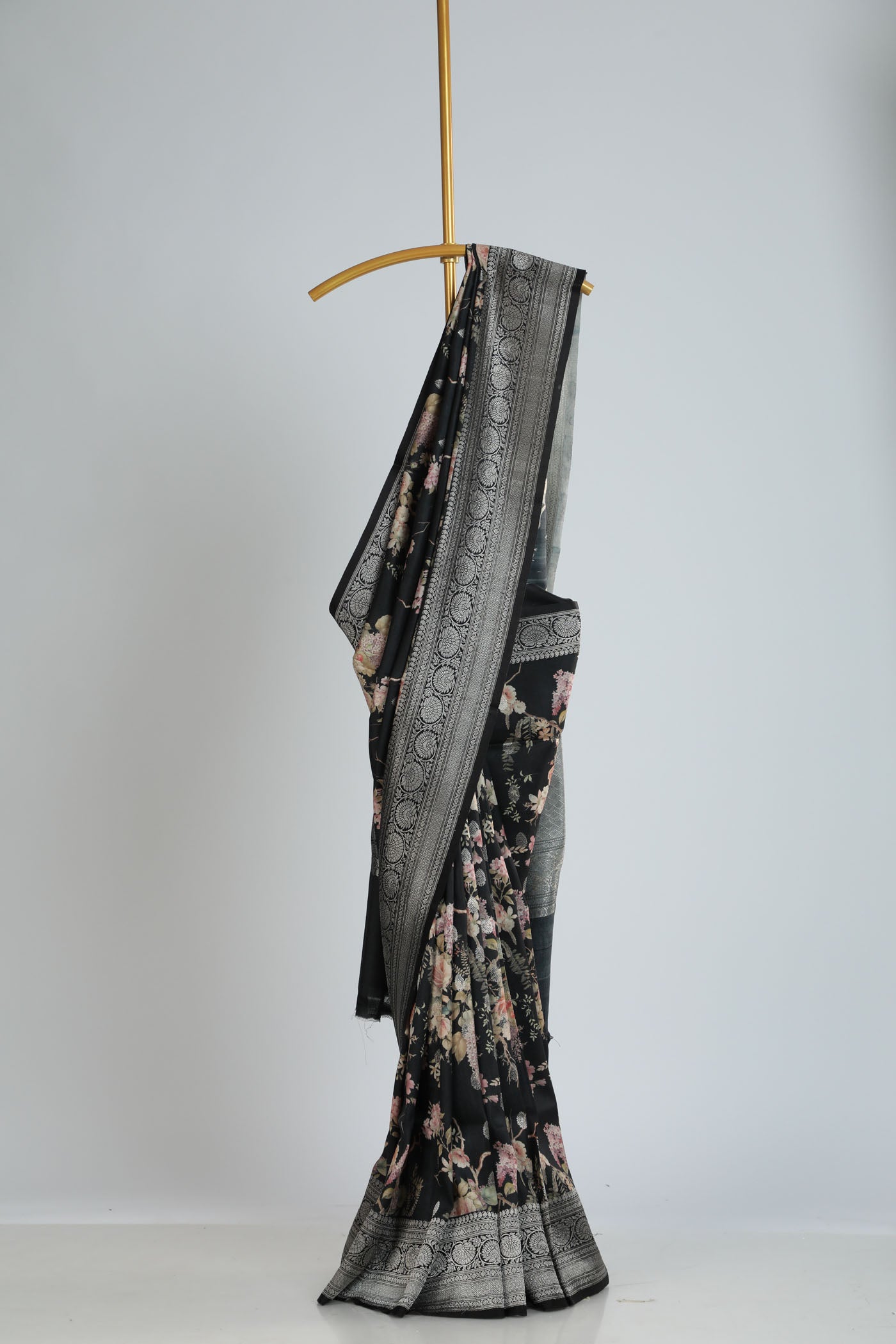 Printed soft tussar silk saree with banarasi border and pallu.