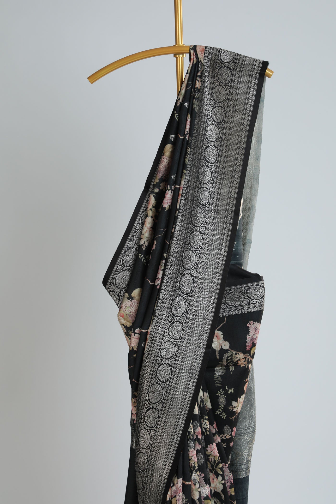 Printed soft tussar silk saree with banarasi border and pallu.