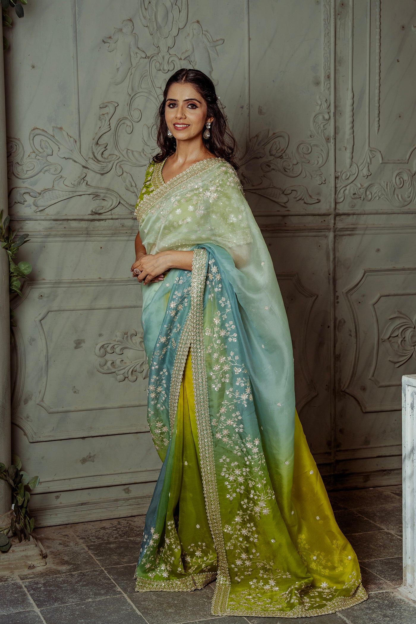 Multi Shaded Embroidered Organza Saree With A Readymade Blouse