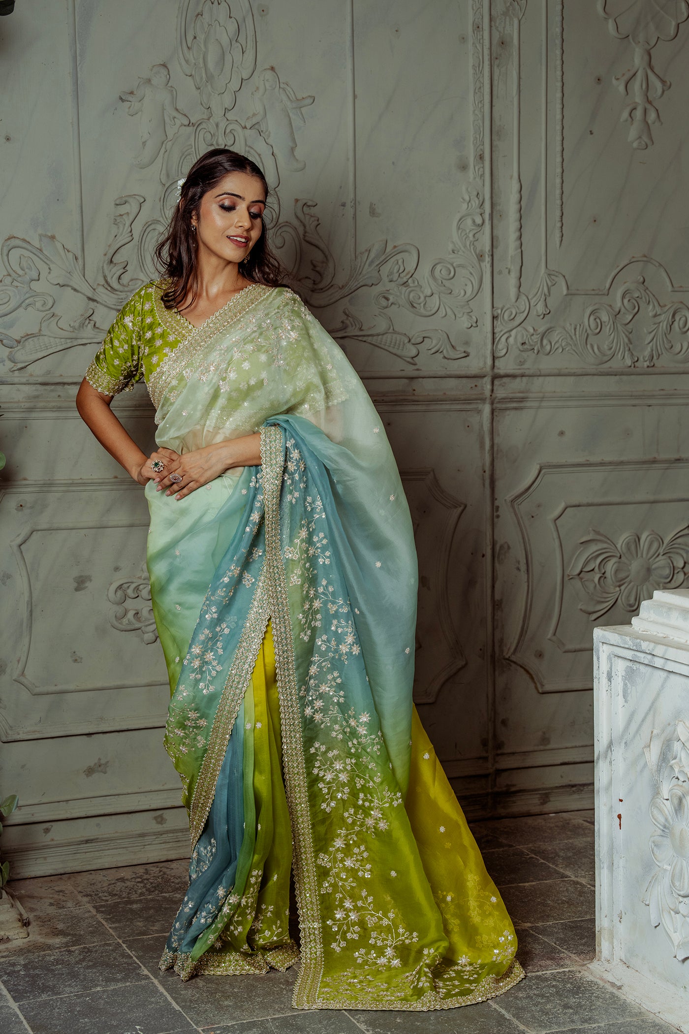 Multi Shaded Embroidered Organza Saree With A Readymade Blouse