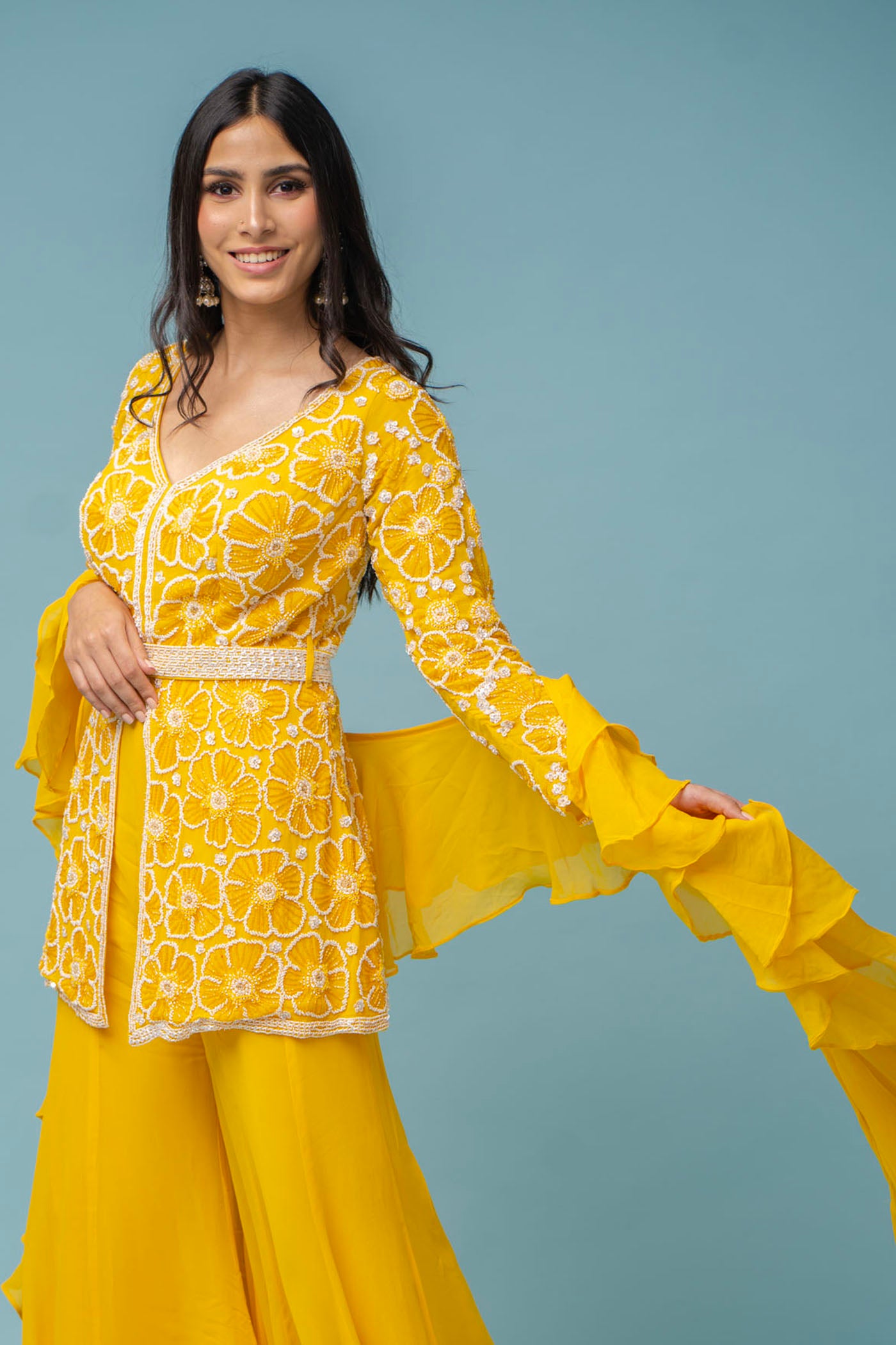 Handcrafted peplum top sharara set