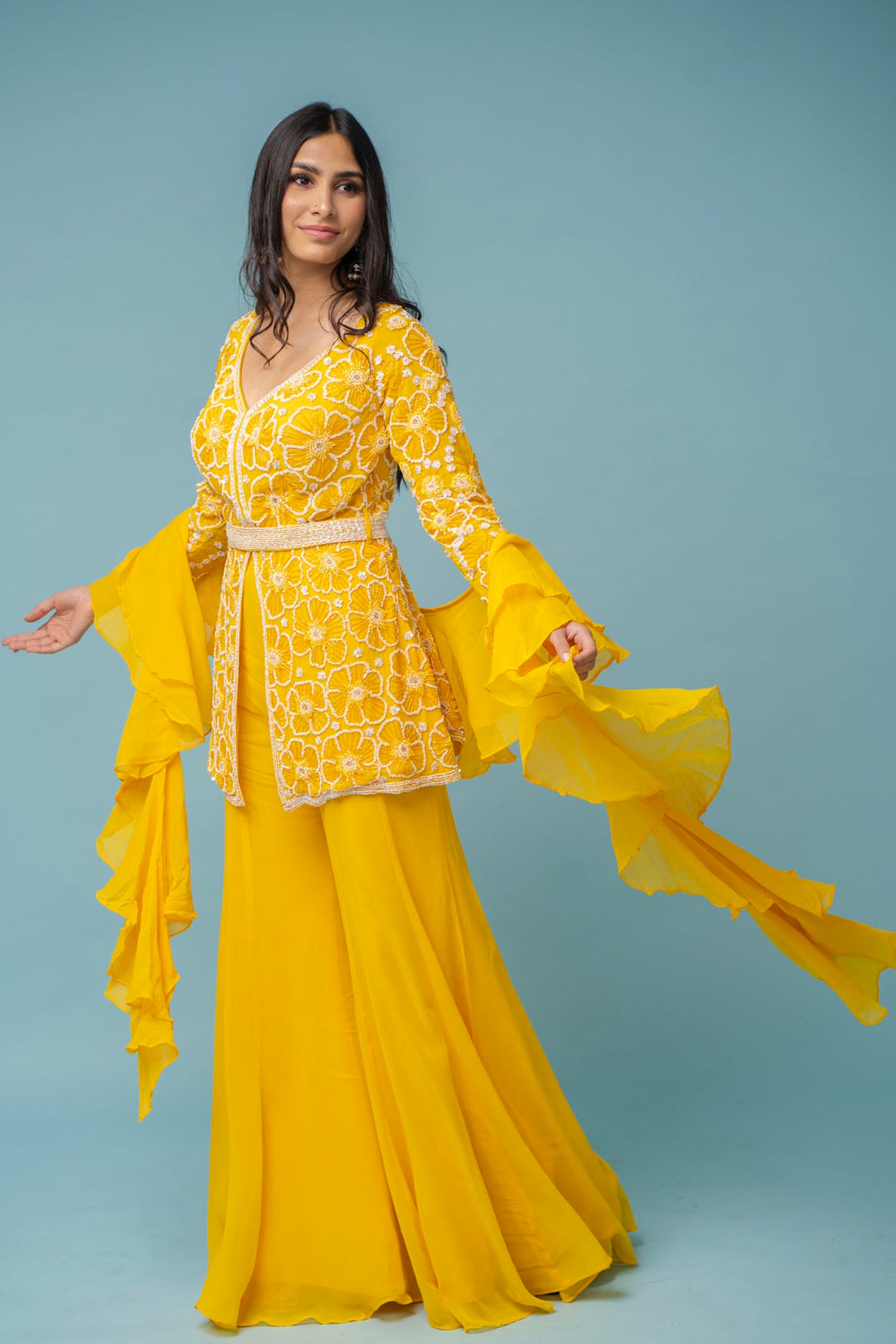 Handcrafted peplum top sharara set