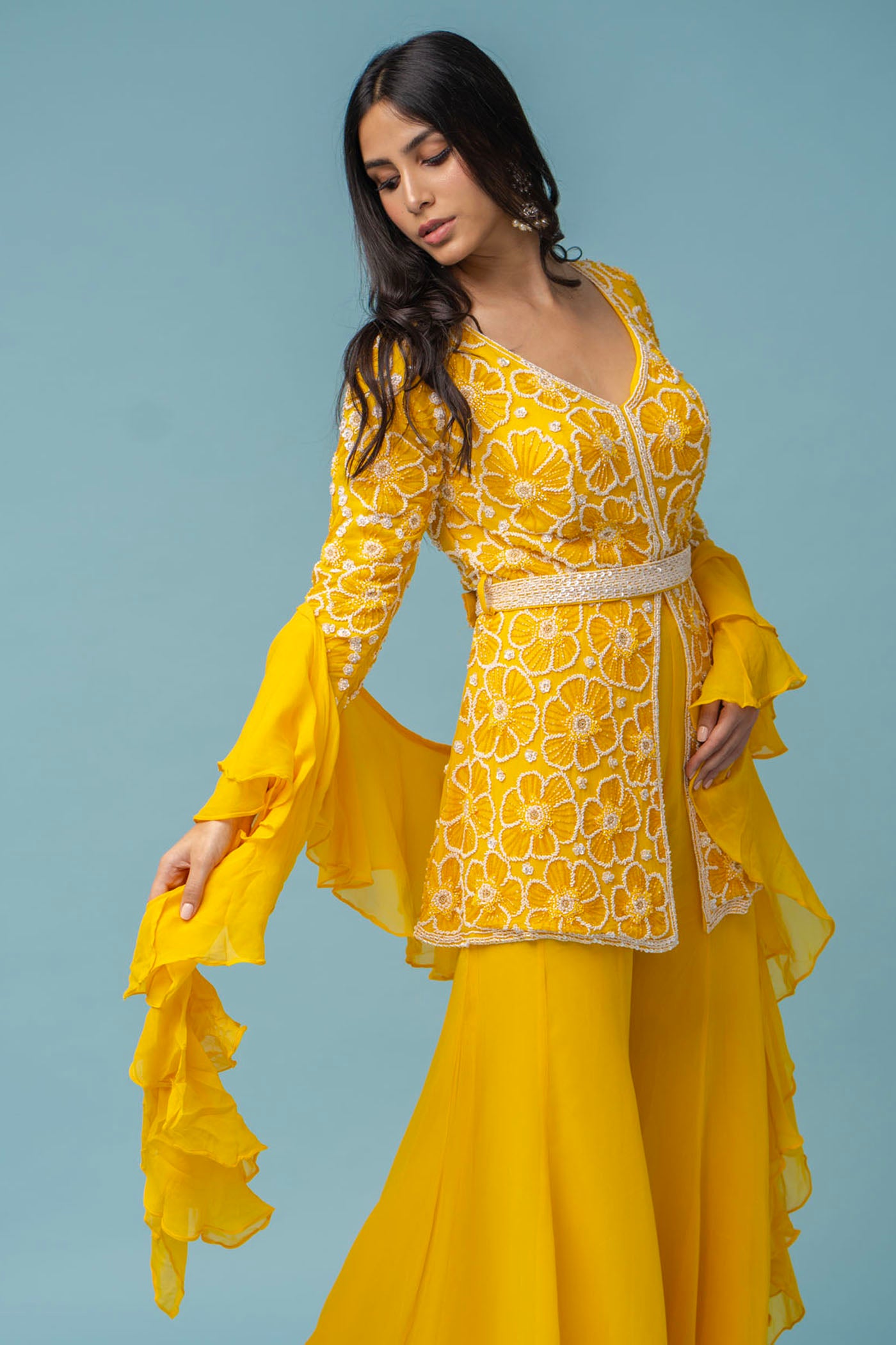 Handcrafted peplum top sharara set