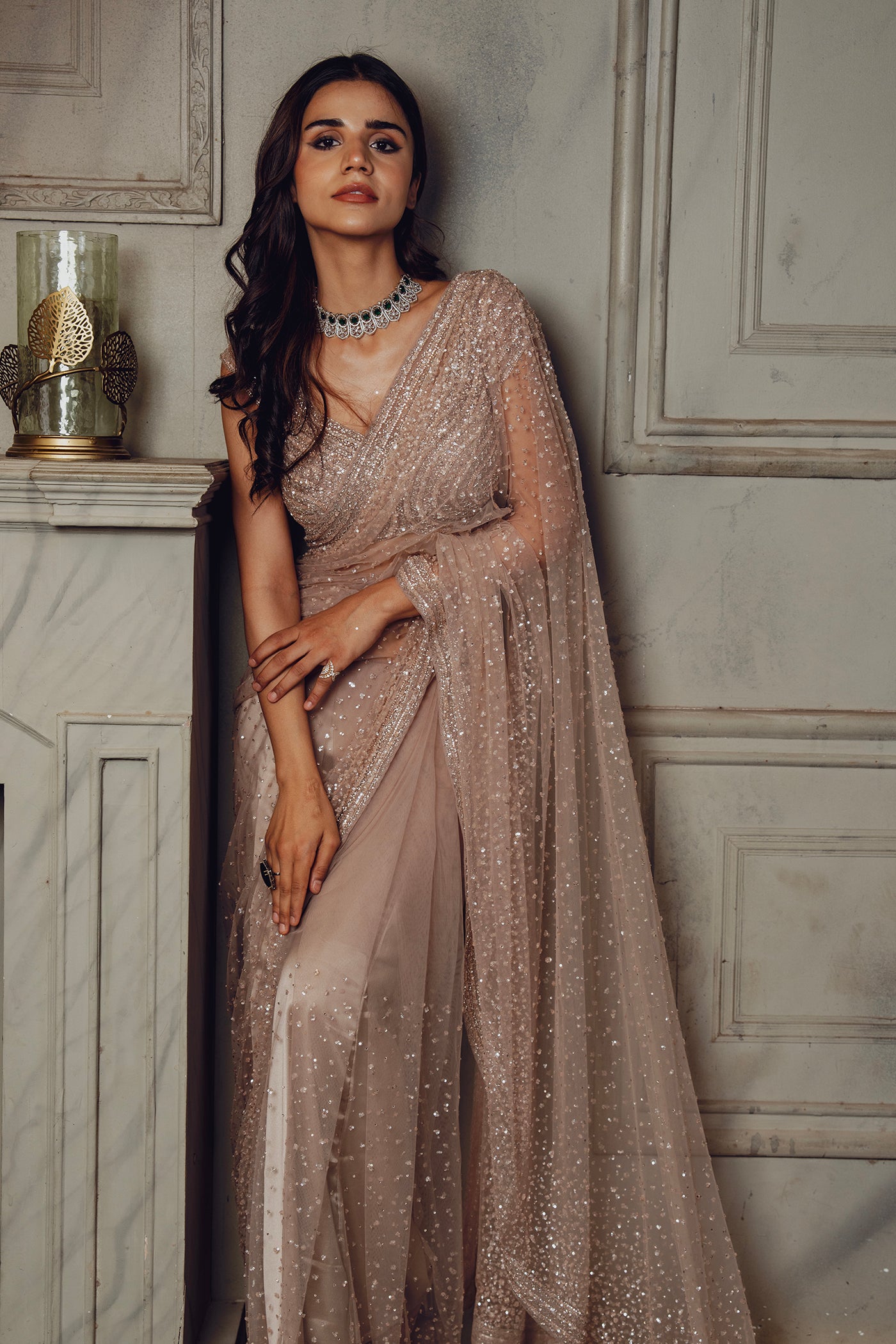 Embroidered Net Saree With Ready Made Blouse
