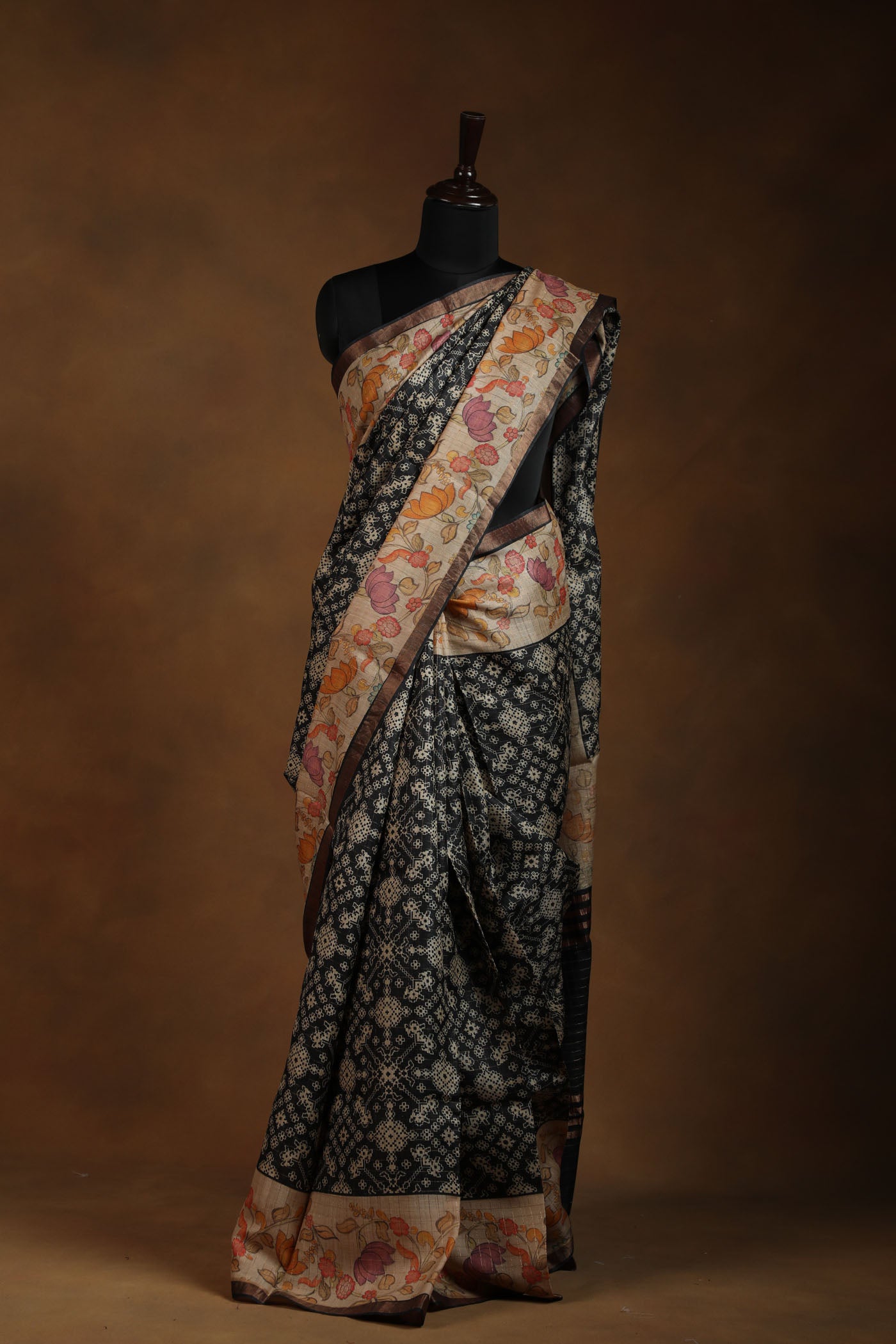 Pure tussar silk saree with kalamkari border and pallu