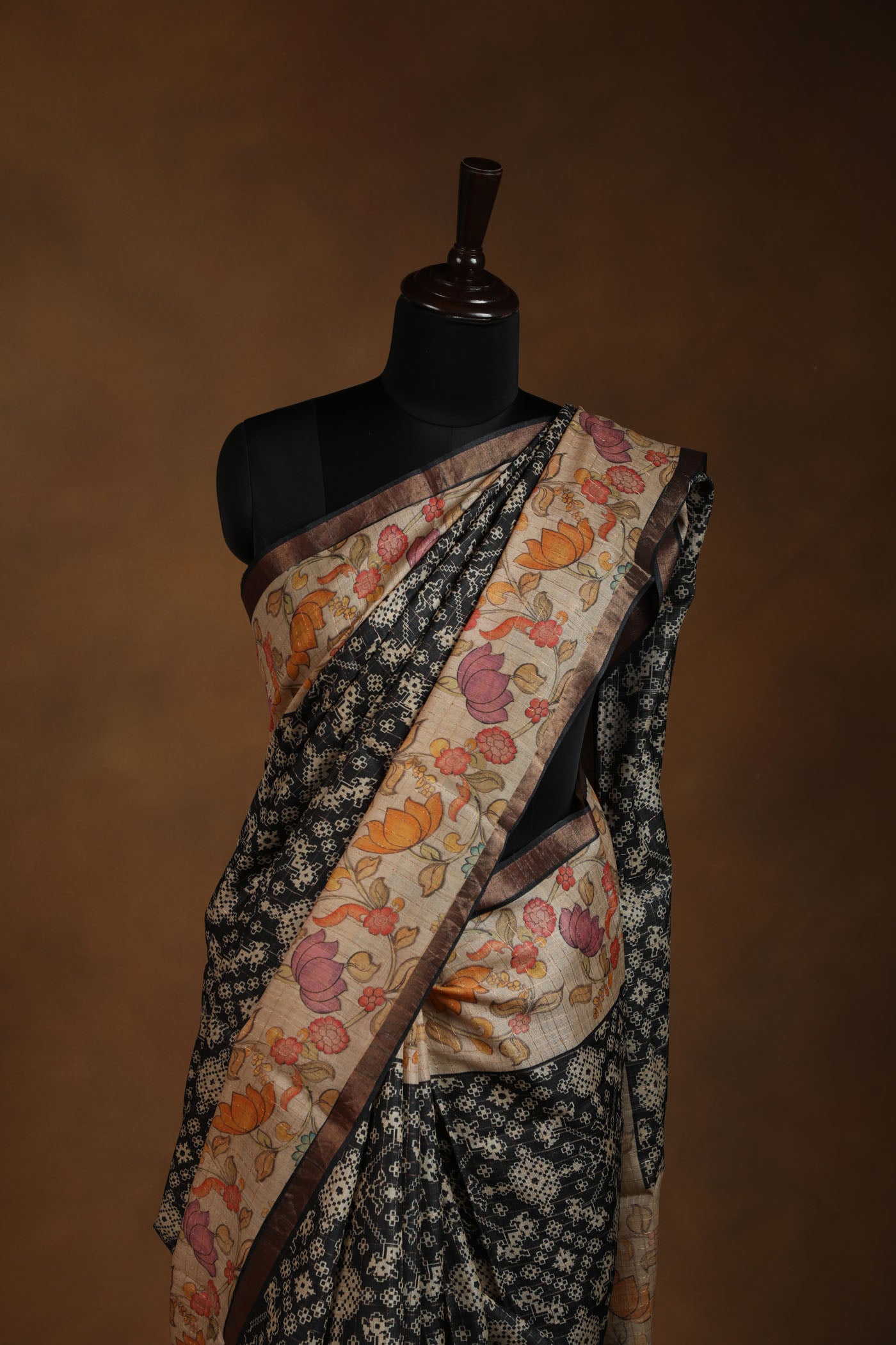 Pure tussar silk saree with kalamkari border and pallu