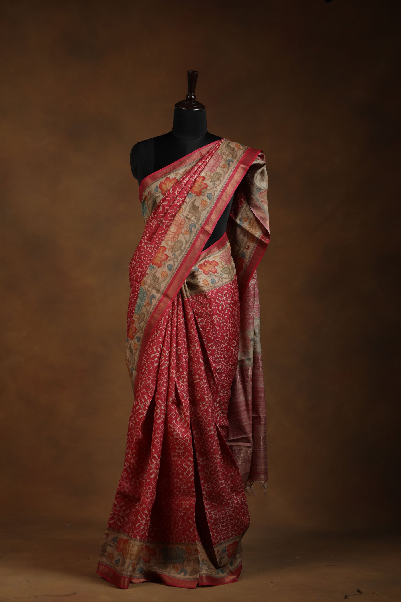 Pure tussar silk saree with kalamkari border and pallu