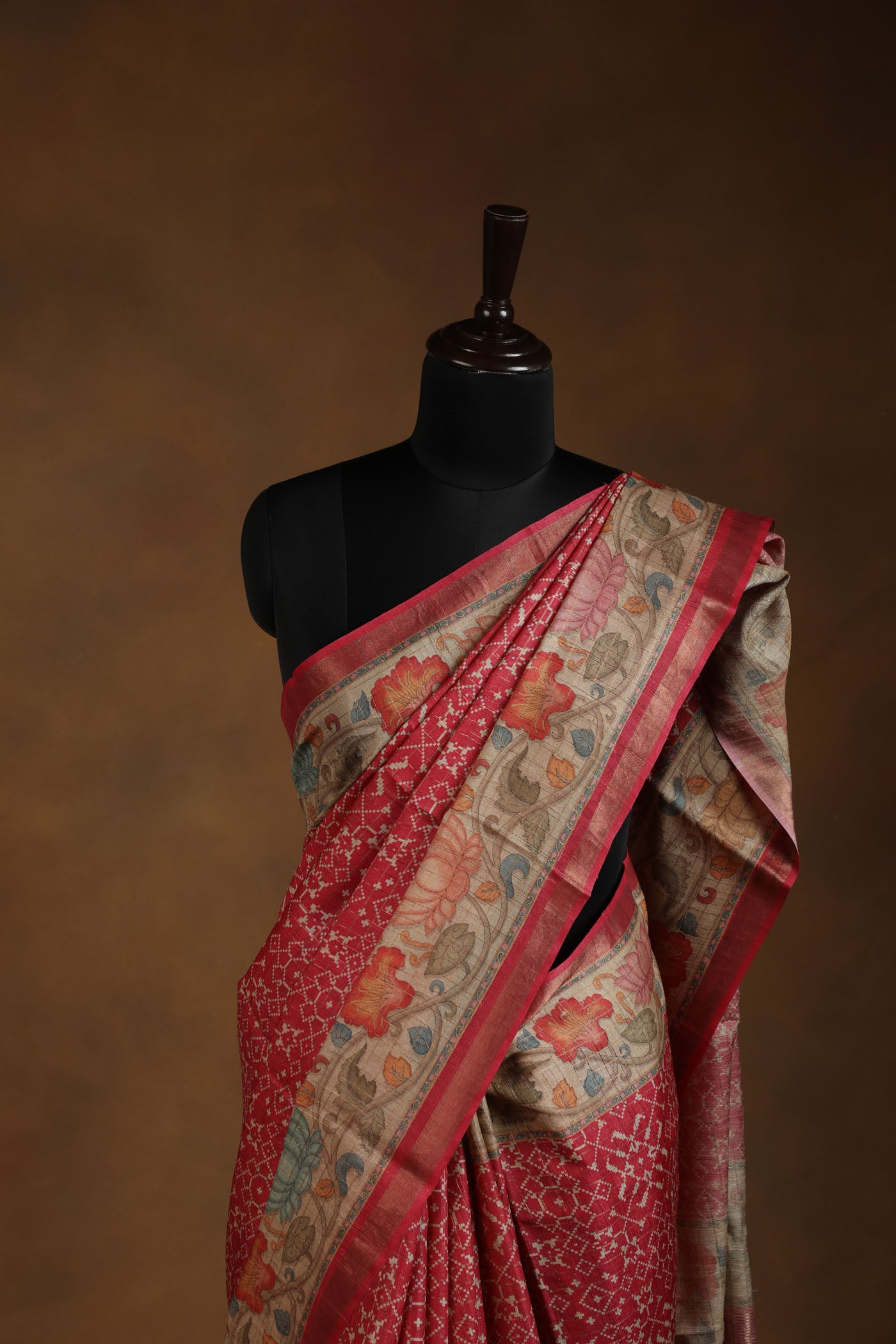 Pure tussar silk saree with kalamkari border and pallu