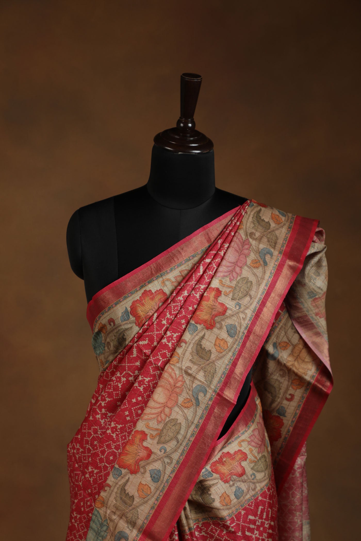 Pure tussar silk saree with kalamkari border and pallu