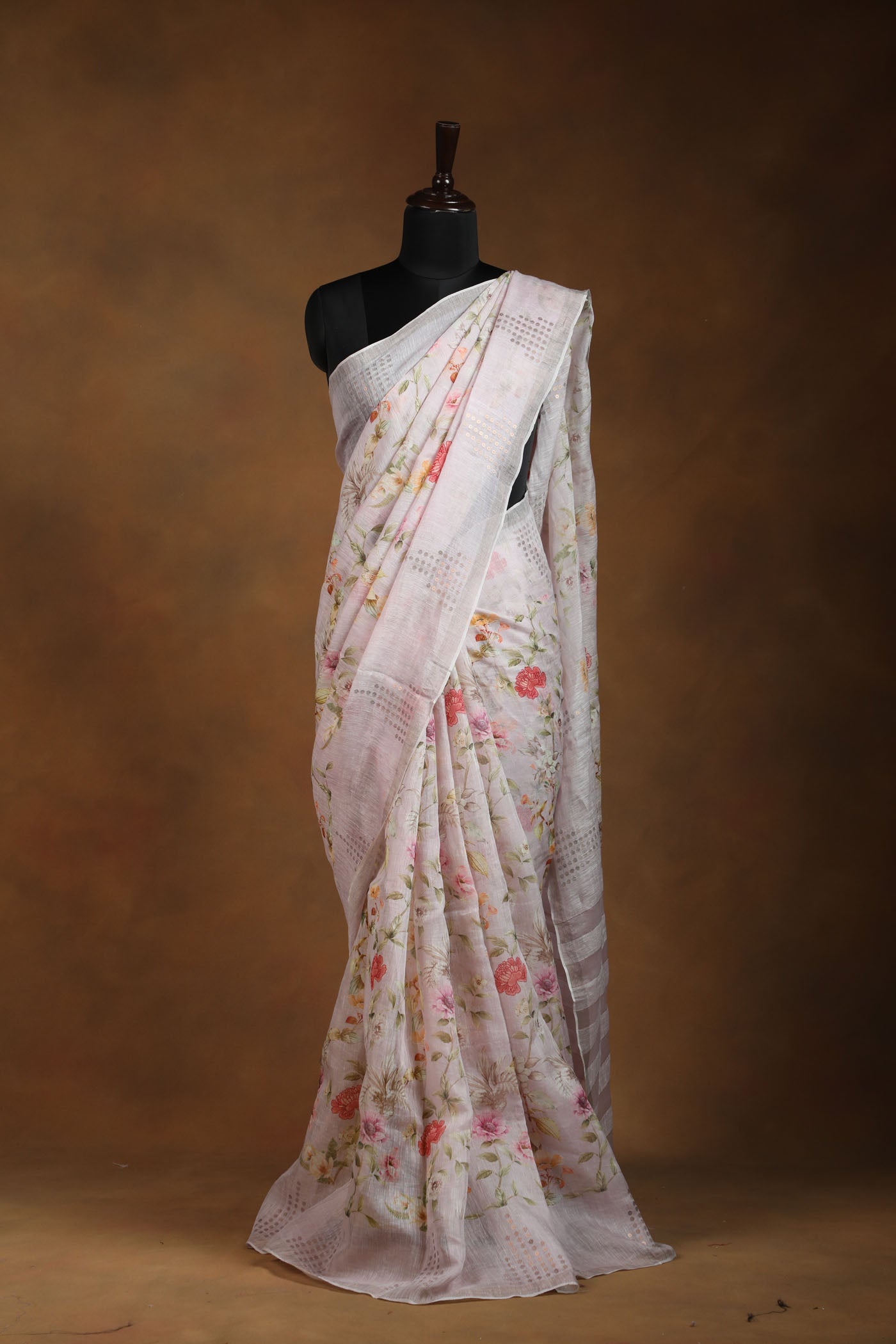 Lavender floral Linen Silk Saree with Golden Accents