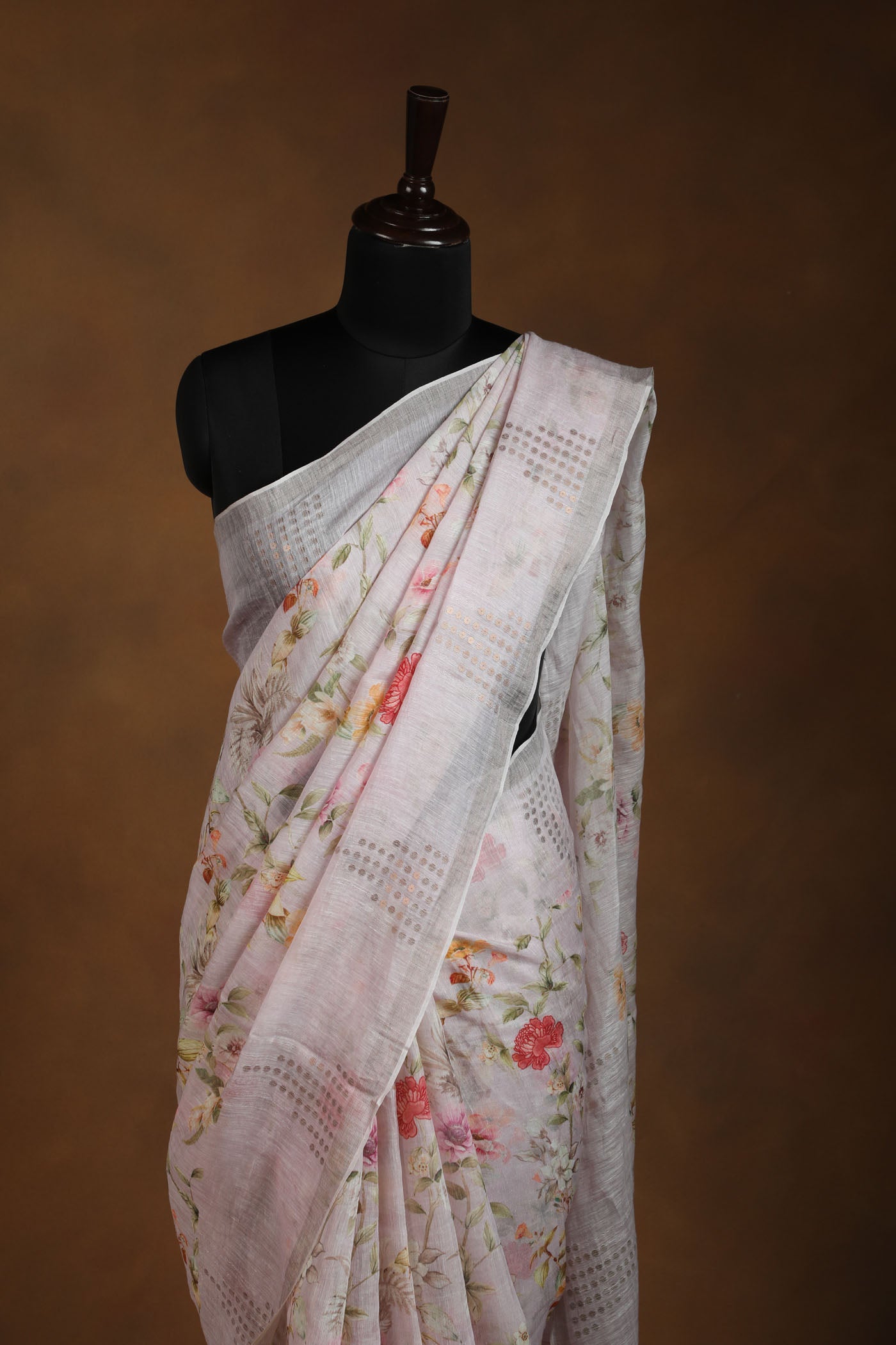 Lavender floral Linen Silk Saree with Golden Accents