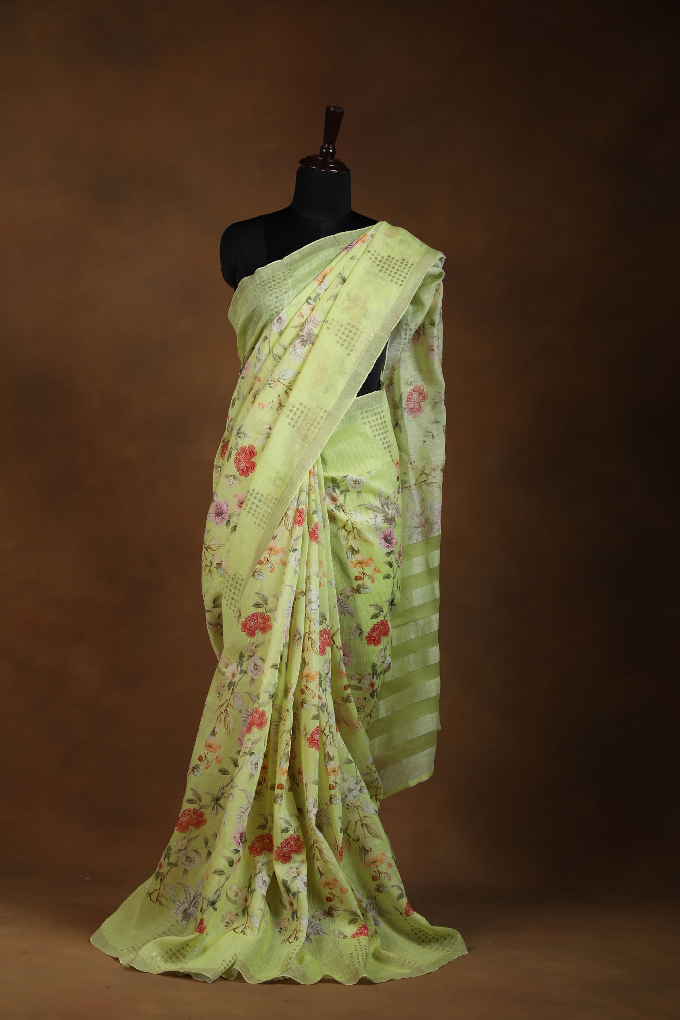 Parrot green floral Linen Silk Saree with Golden Accents