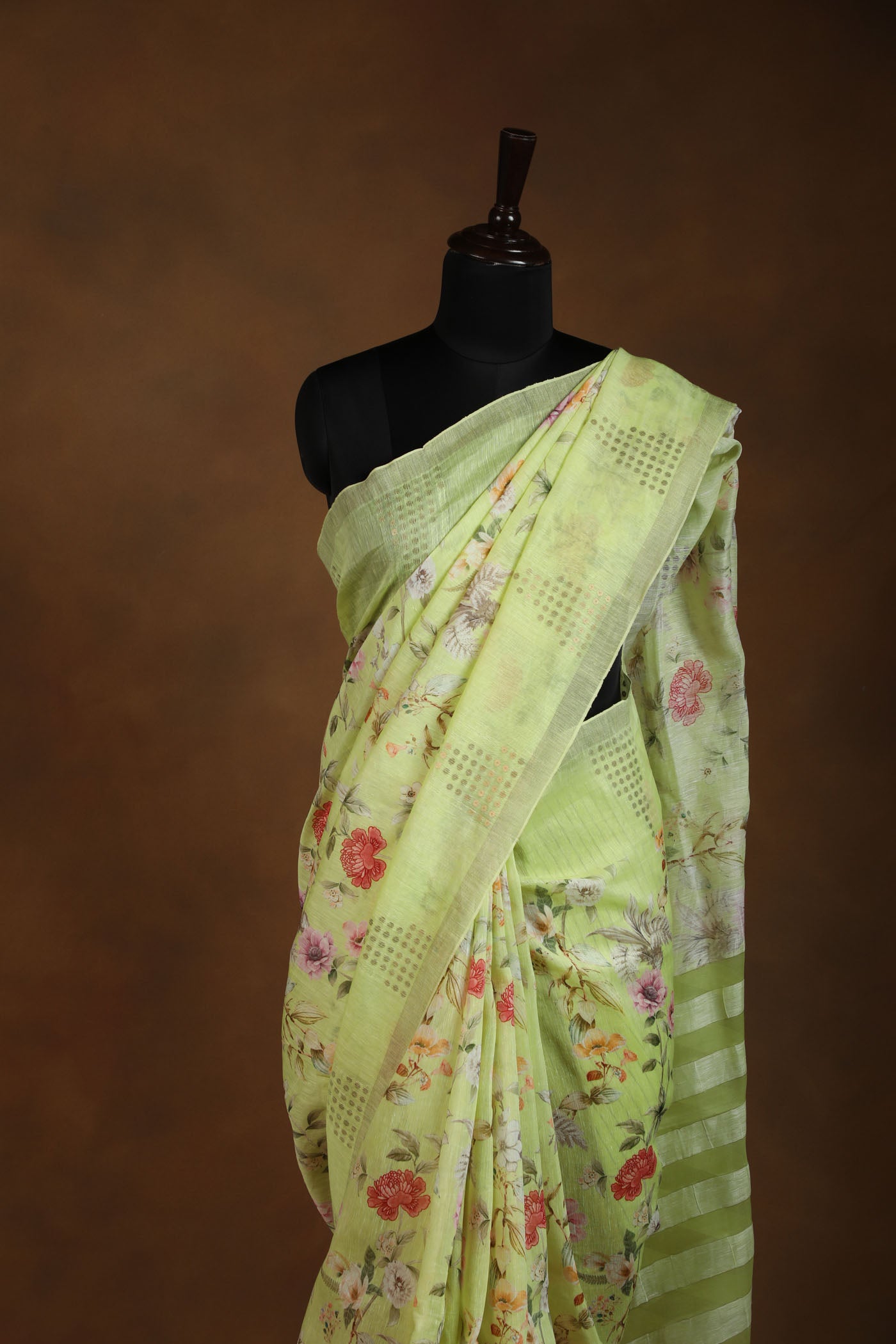 Parrot green floral Linen Silk Saree with Golden Accents