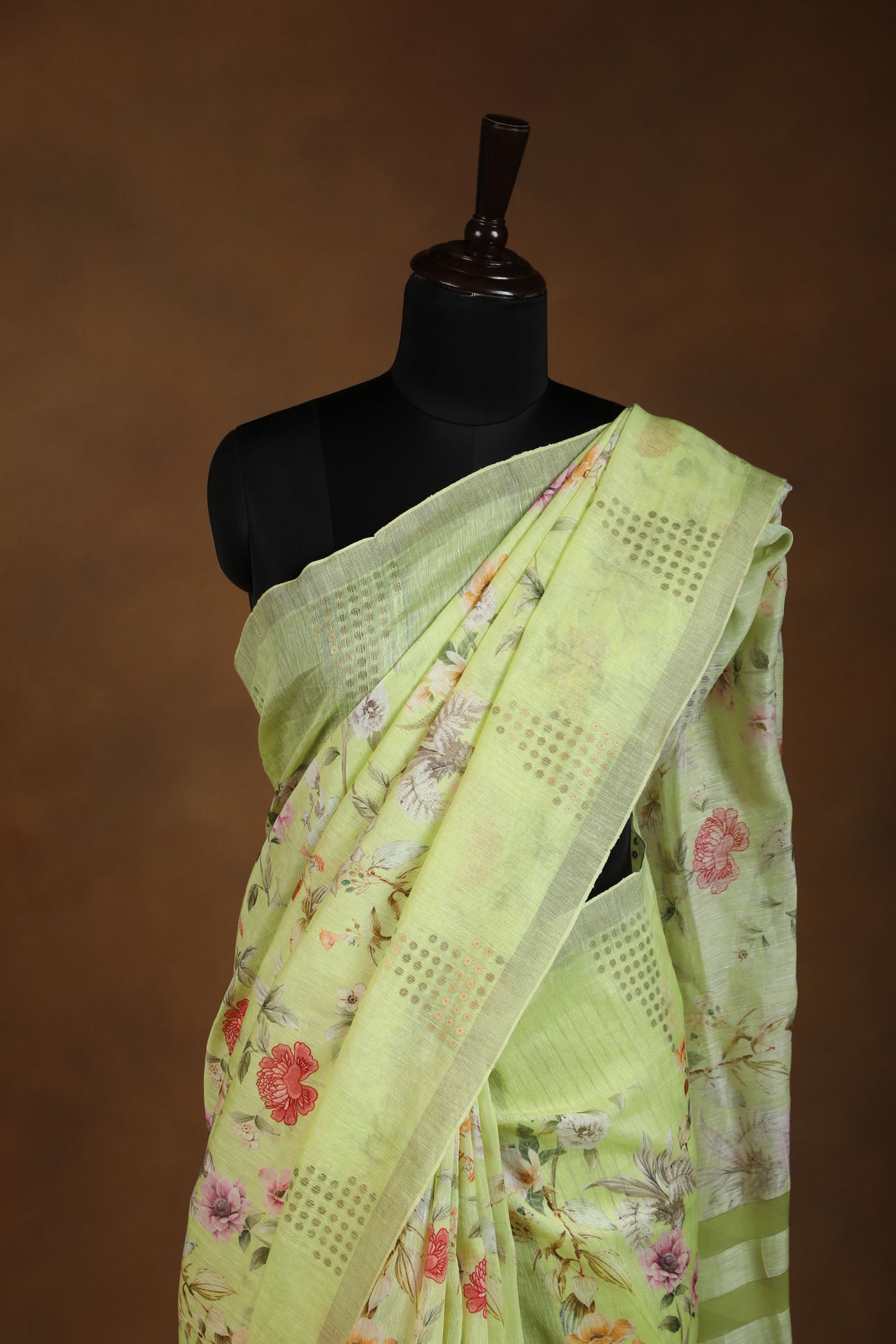 Parrot green floral Linen Silk Saree with Golden Accents