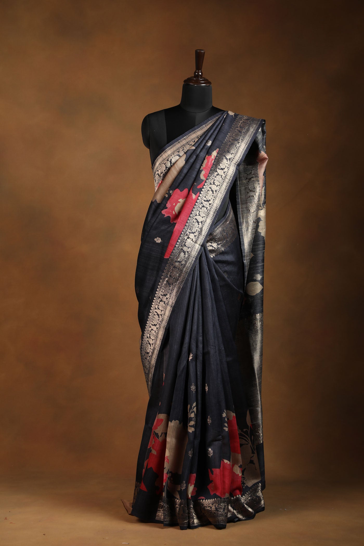 Bold Blooms: Tussar Silk Sarees with Antique Zari Borders
