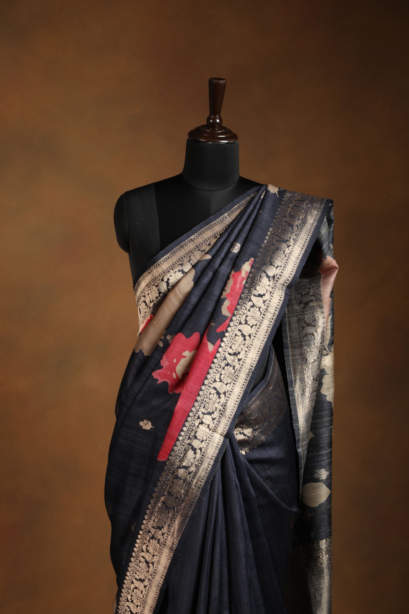 Bold Blooms: Tussar Silk Sarees with Antique Zari Borders