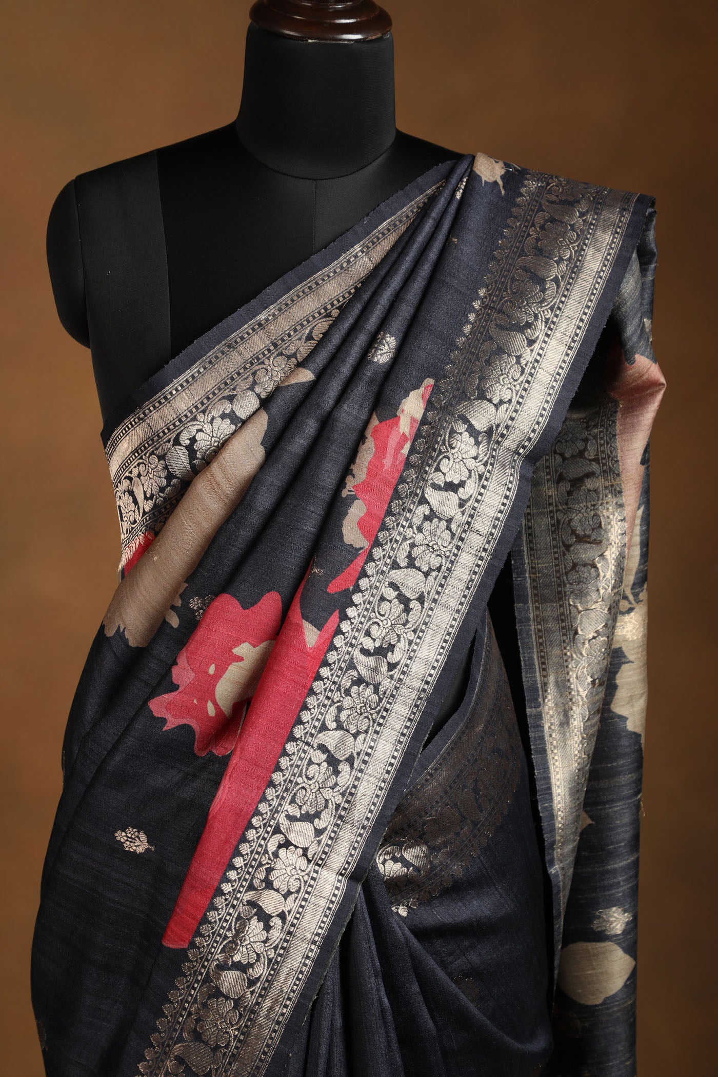 Bold Blooms: Tussar Silk Sarees with Antique Zari Borders
