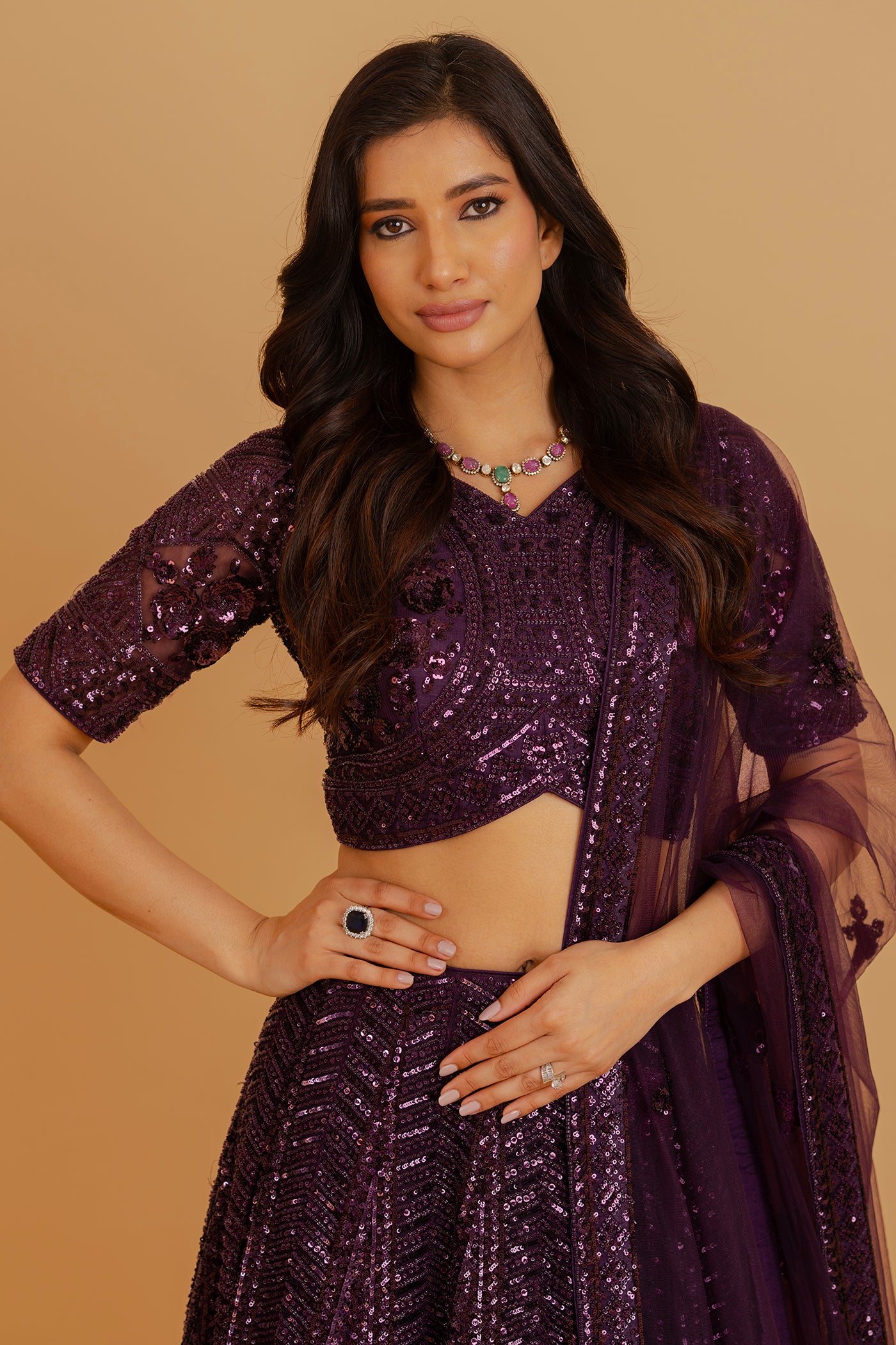 Deep purple lehenga with sequin embroidery